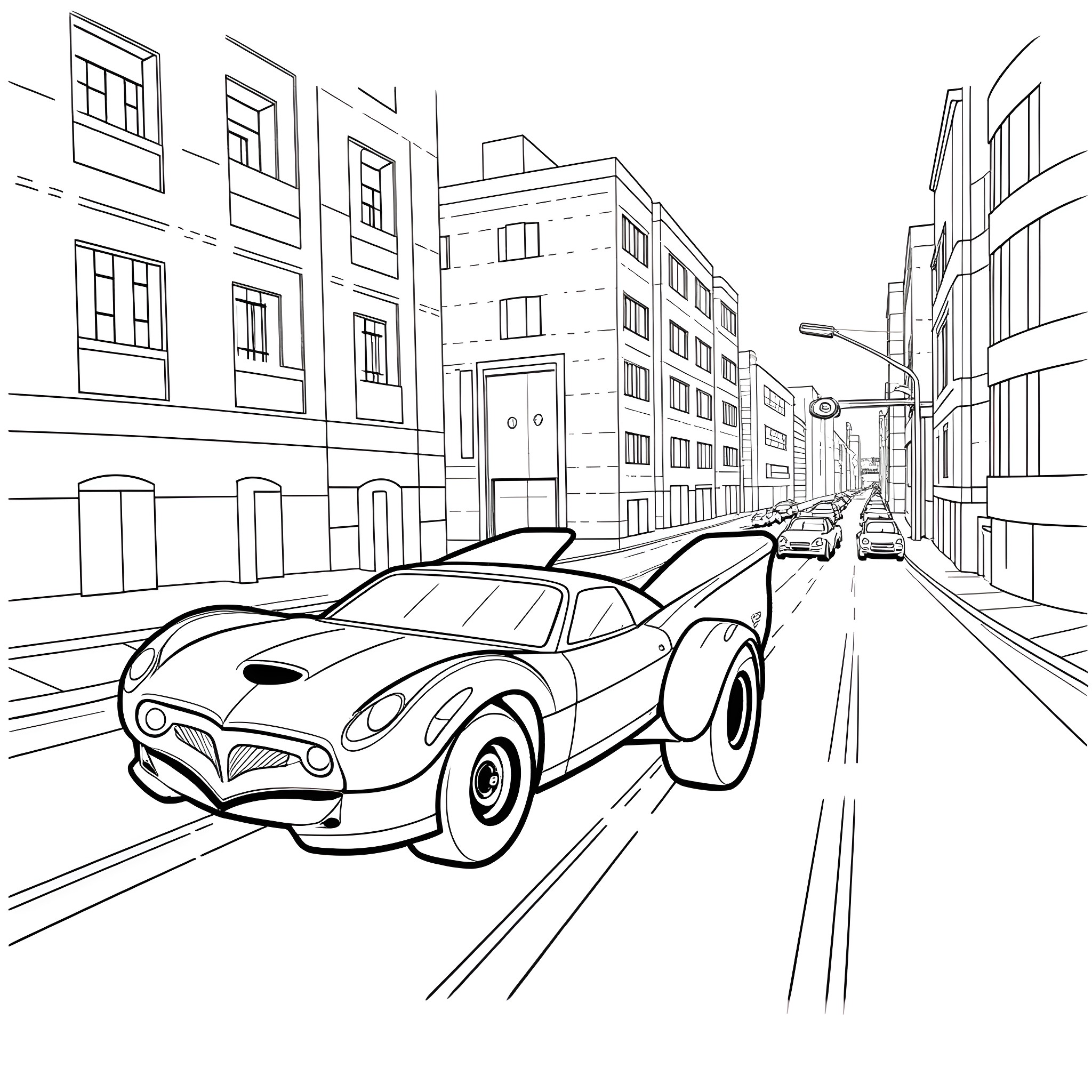 Batwheels speeding through the city streets Coloring Page (free black-and-white line drawing printable PDF for all, from beginners to advanced learners, including children, teens, adults, and seniors)