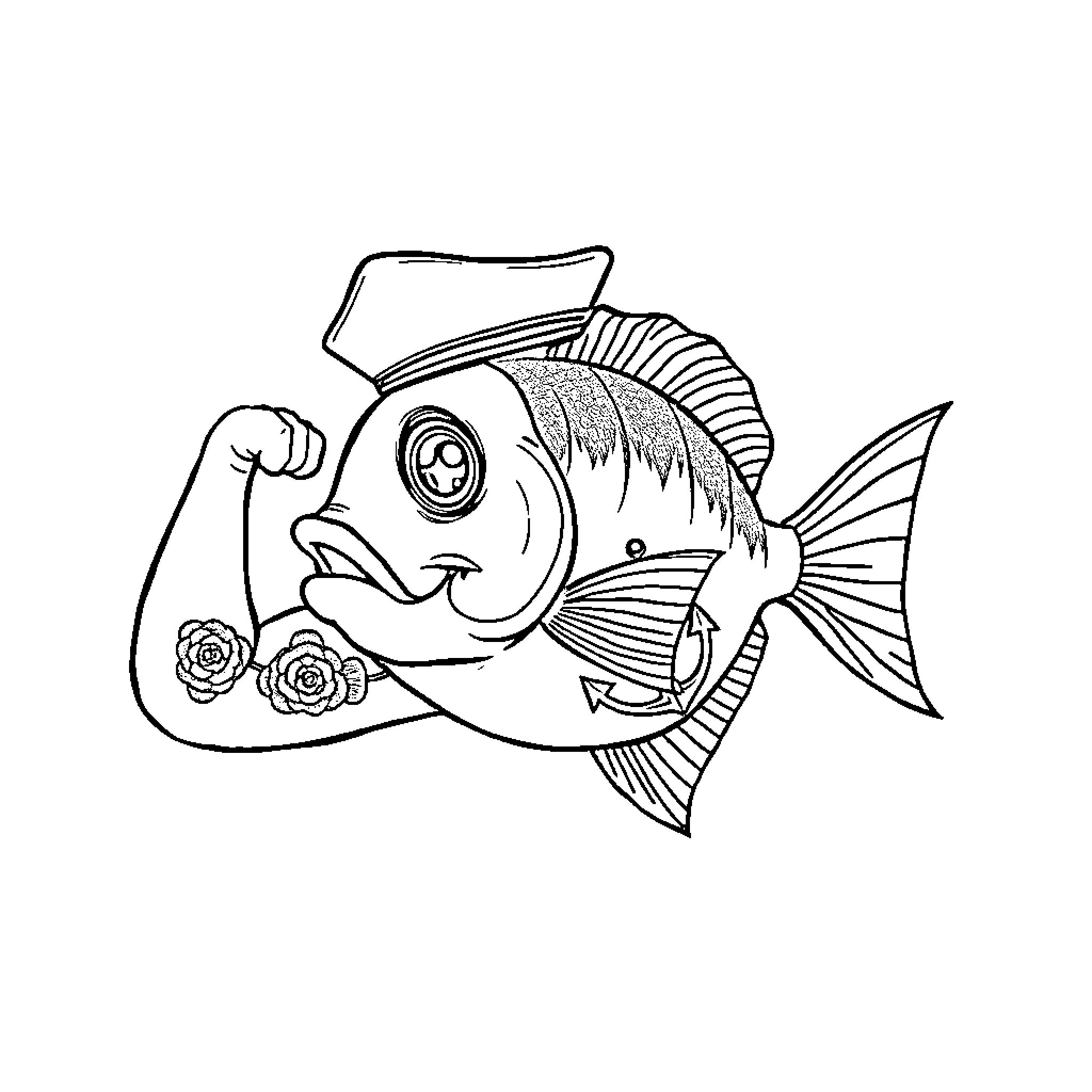 Fish with a tattoo showing roses Coloring Page (free black-and-white line drawing printable PDF for all, from beginners to advanced learners, including children, teens, adults, and seniors)
