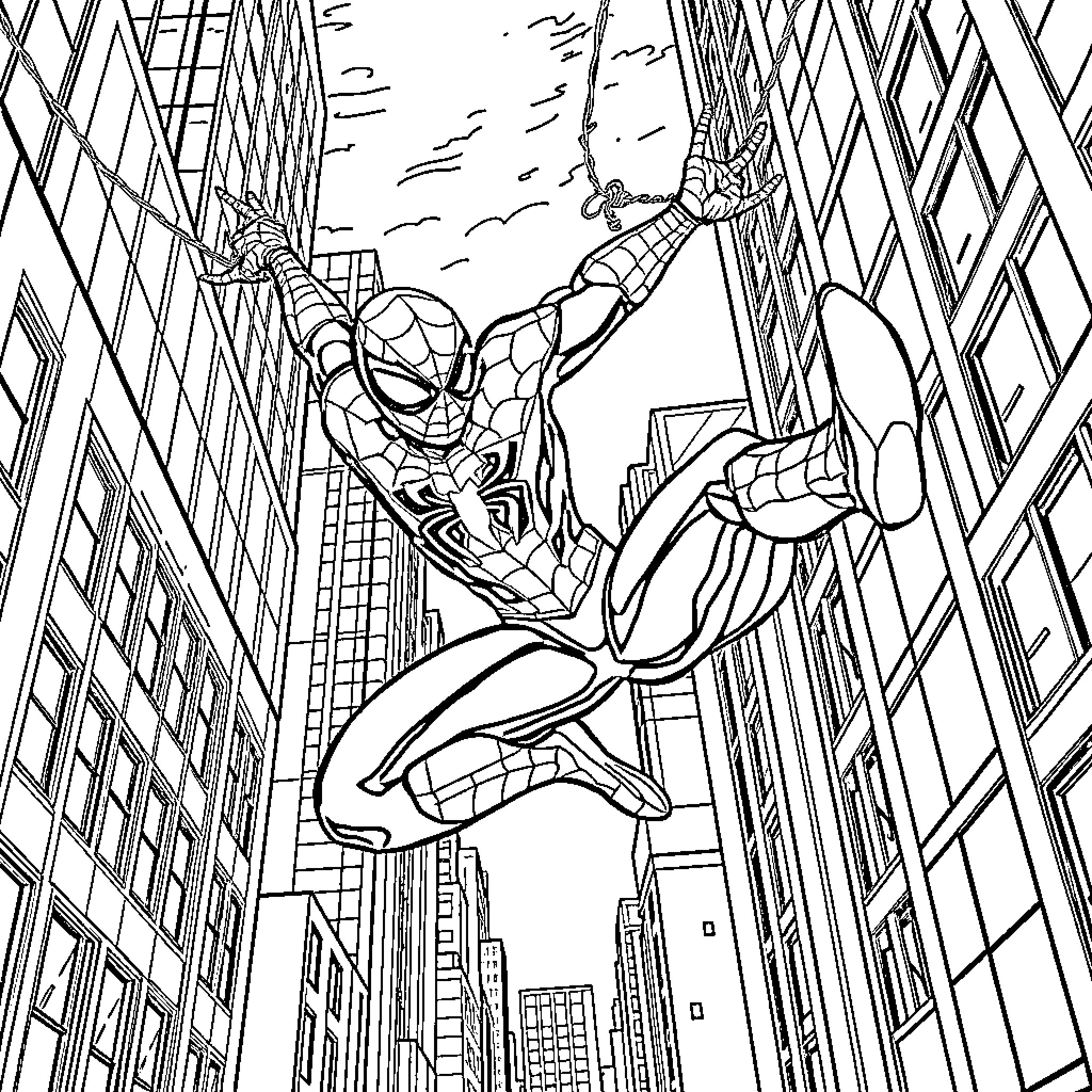 Spider-Man swinging through the city skyline Coloring Page (free black-and-white line drawing printable PDF for all, from beginners to advanced learners, including children, teens, adults, and seniors)