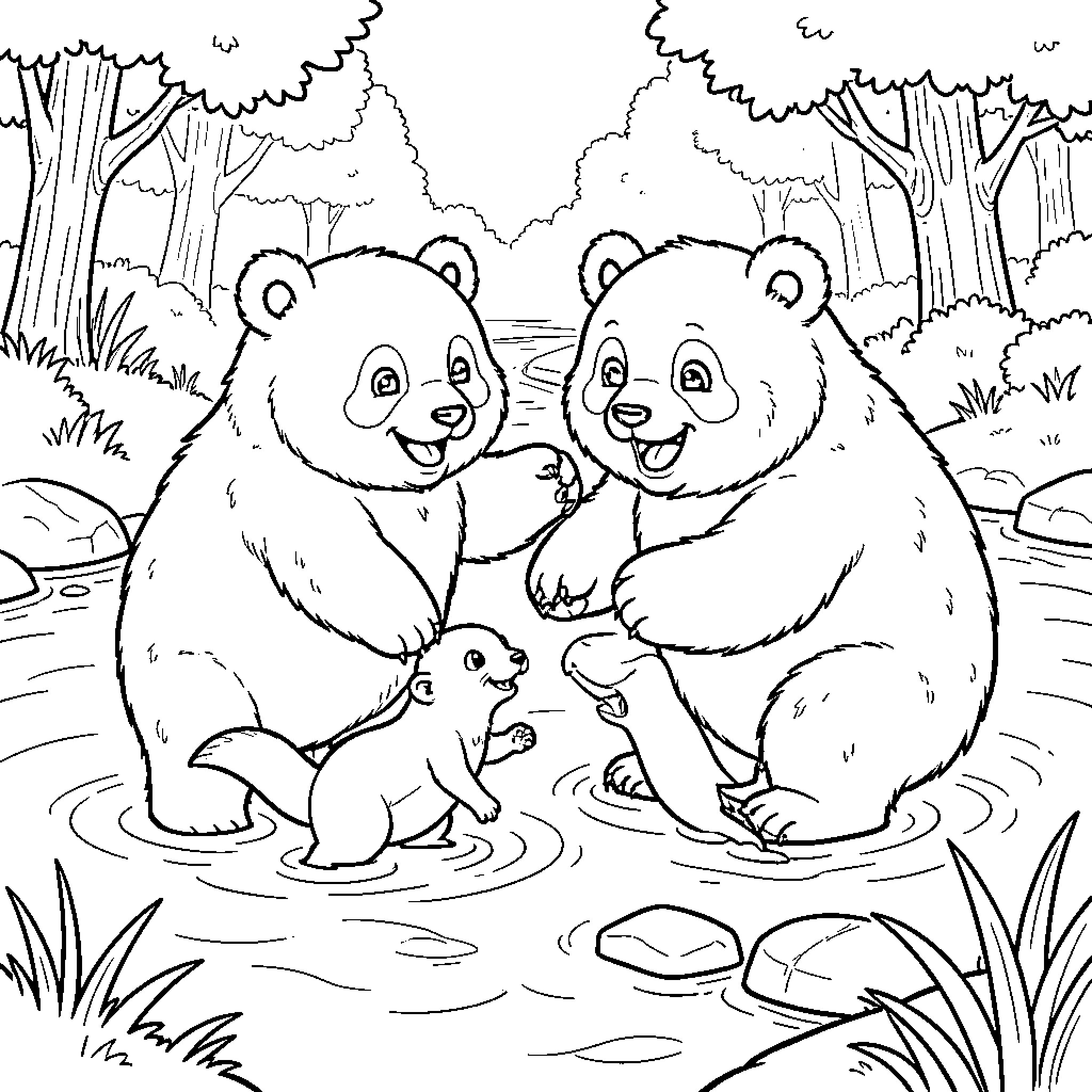 Pandas playing happily in the forest Coloring Page (free black-and-white line drawing printable PDF for all, from beginners to advanced learners, including children, teens, adults, and seniors)