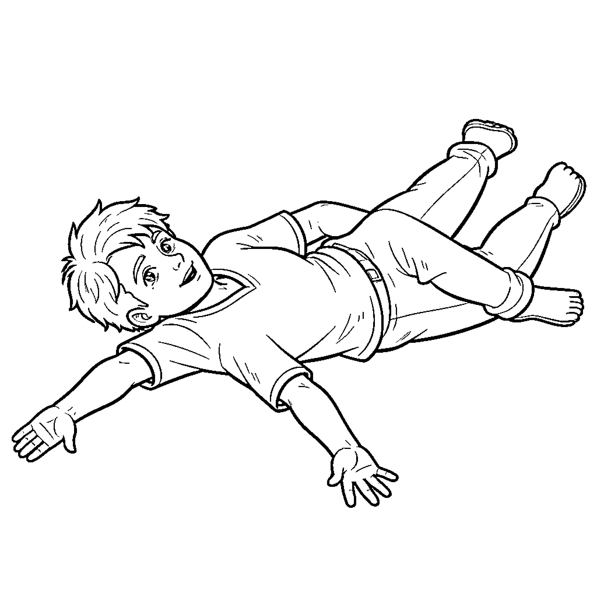 Emon floating joyfully with arms outstretched Coloring Page (free black-and-white line drawing printable PDF for all, from beginners to advanced learners, including children, teens, adults, and seniors)