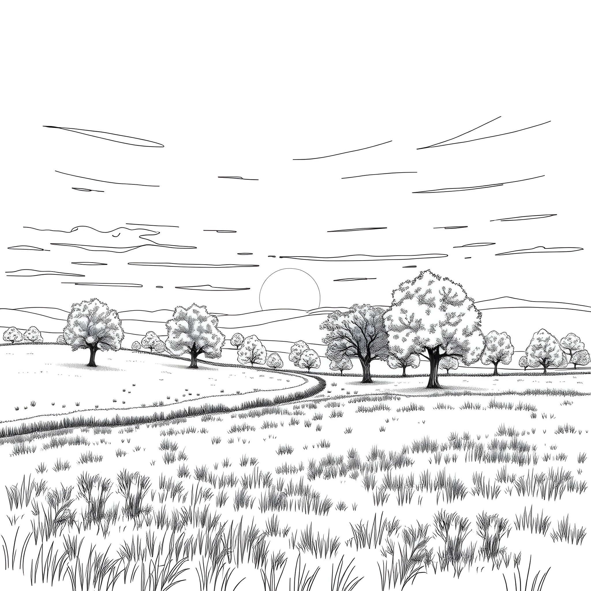 Field with Trees and Flowing Landscape Coloring Page (free black-and-white line drawing printable PDF for all, from beginners to advanced learners, including children, teens, adults, and seniors)
