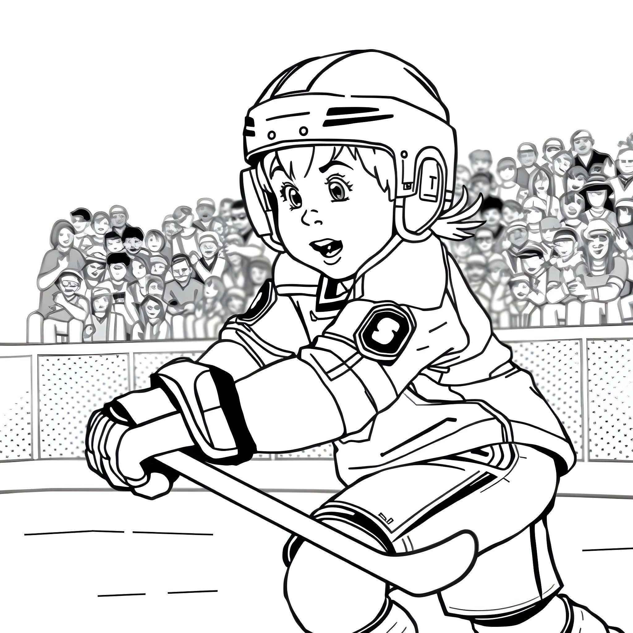 Kid in hockey gear excited on the rink Coloring Page (free black-and-white line drawing printable PDF for all, from beginners to advanced learners, including children, teens, adults, and seniors)