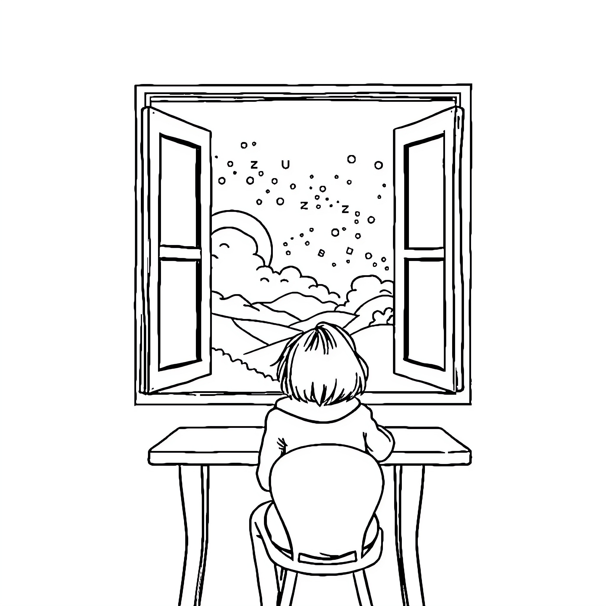 Persona gazing at the starry night landscape Coloring Page (free black-and-white line drawing printable PDF for all, from beginners to advanced learners, including children, teens, adults, and seniors)