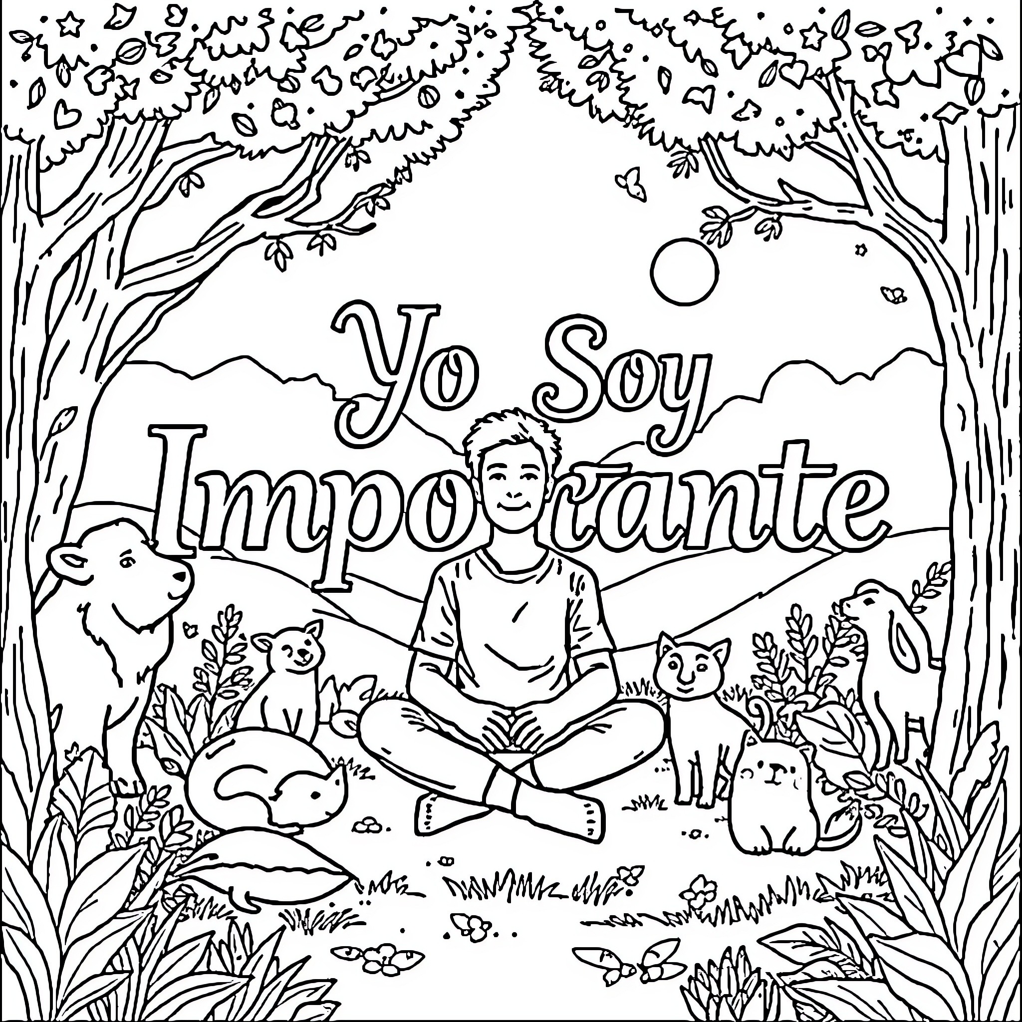 Adult Meditation in the Serene Forest Coloring Page (free black-and-white line drawing printable PDF for all, from beginners to advanced learners, including children, teens, adults, and seniors)