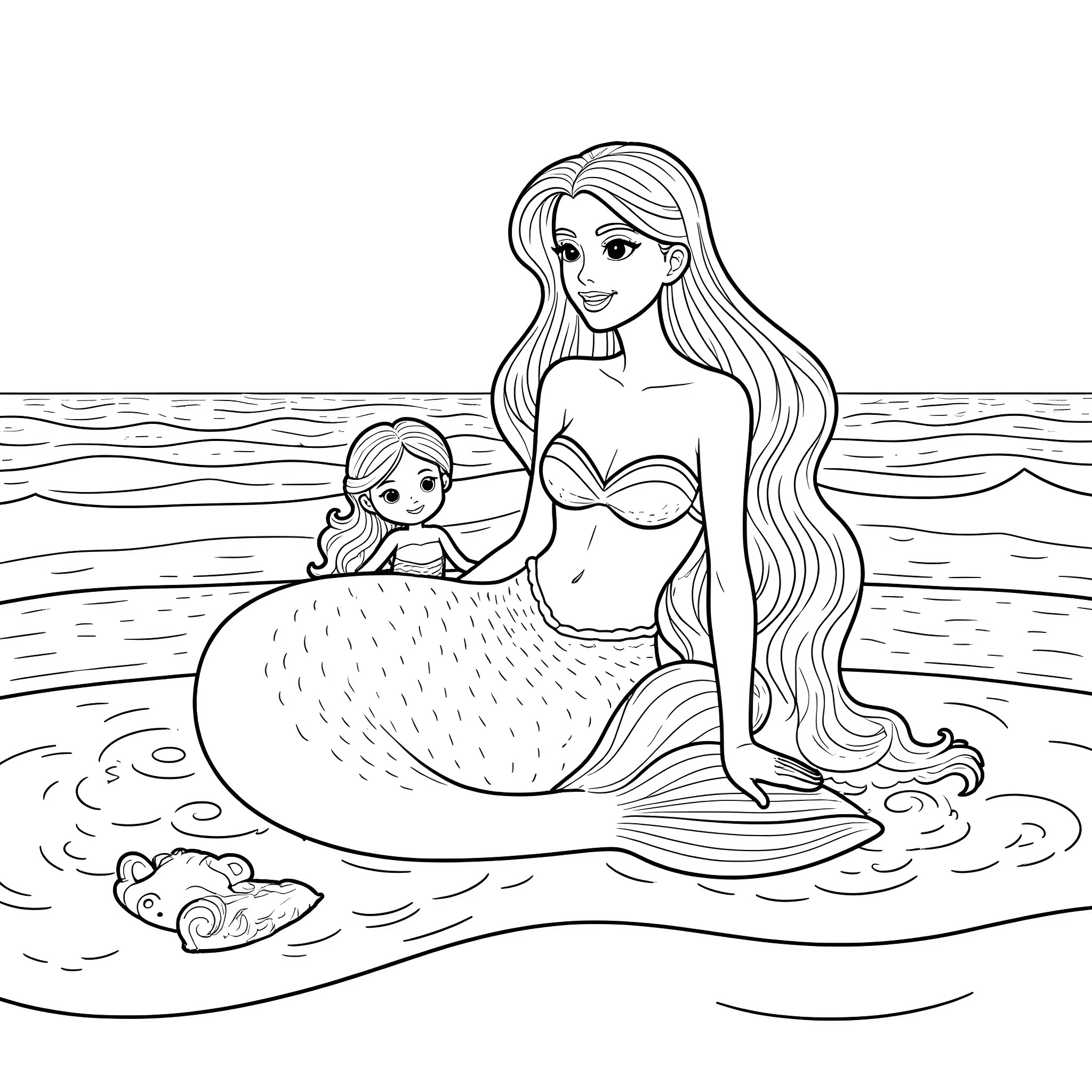 Mermaid and her young companion playing in the ocean Coloring Page (free black-and-white line drawing printable PDF for all, from beginners to advanced learners, including children, teens, adults, and seniors)