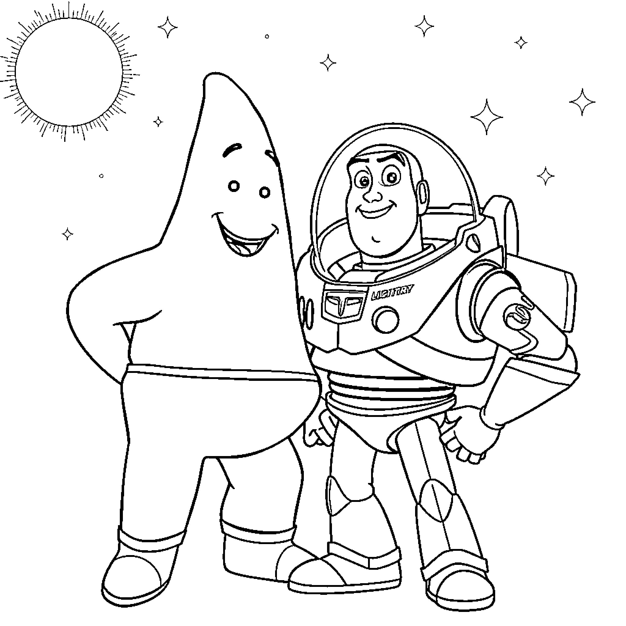 Patrick Star and Buzz Lightyear in Space Adventure Coloring Page (free black-and-white line drawing printable PDF for all, from beginners to advanced learners, including children, teens, adults, and seniors)