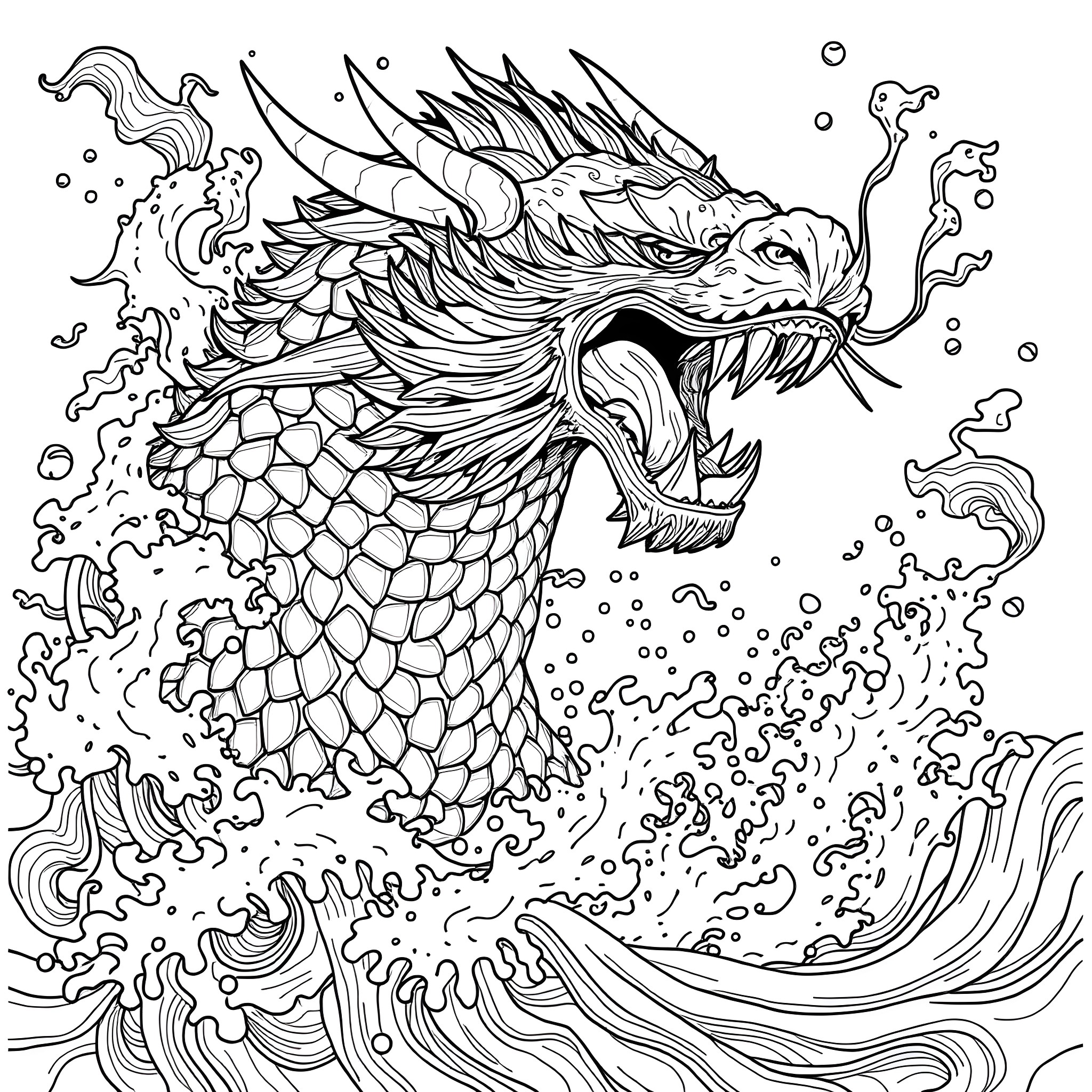Mishipeshu - Fierce dragon emerging from the waves Coloring Page (free black-and-white line drawing printable PDF for all, from beginners to advanced learners, including children, teens, adults, and seniors)