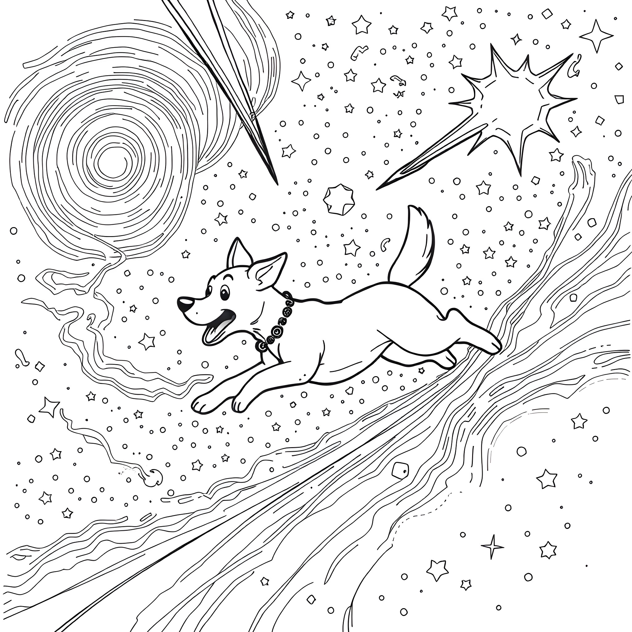 Jake's Cosmic Adventure Coloring Page (free black-and-white line drawing printable PDF for all, from beginners to advanced learners, including children, teens, adults, and seniors)