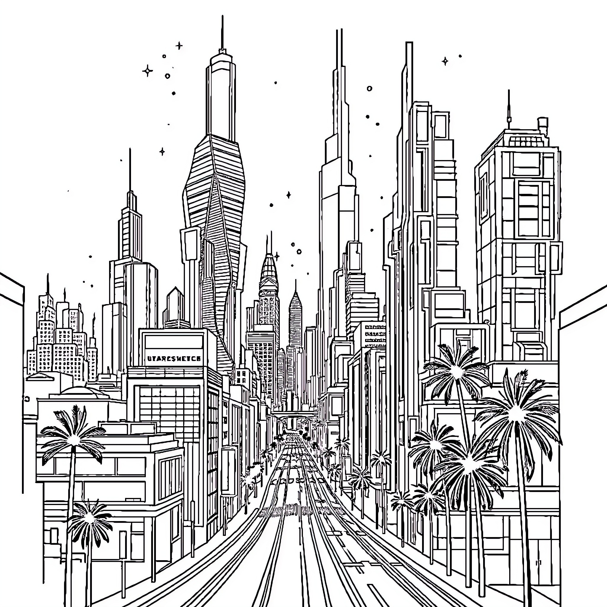 City of skyscrapers and bustling streets Coloring Page (free black-and-white line drawing printable PDF for all, from beginners to advanced learners, including children, teens, adults, and seniors)