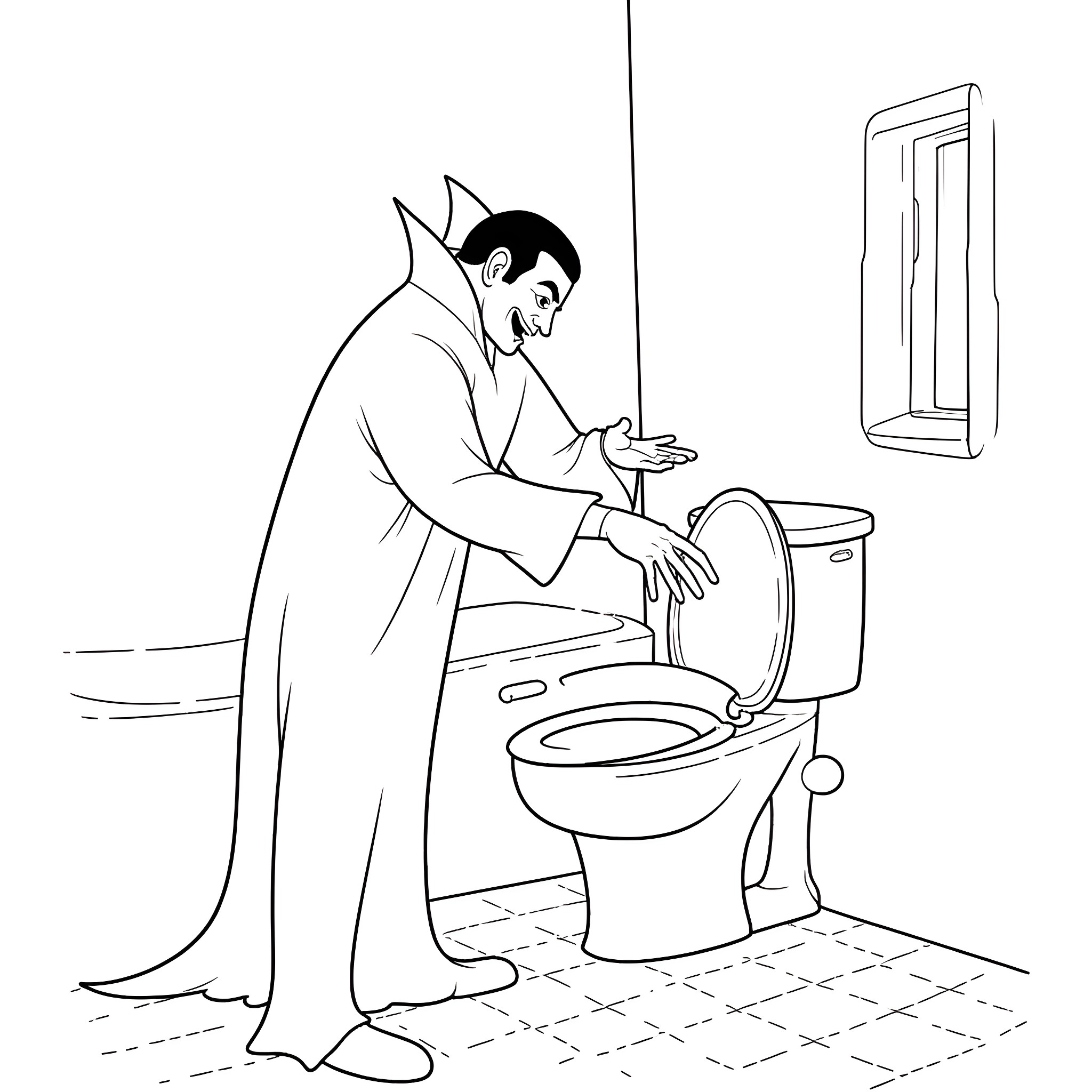 Dracula preparing to rise from the toilet Coloring Page (free black-and-white line drawing printable PDF for all, from beginners to advanced learners, including children, teens, adults, and seniors)