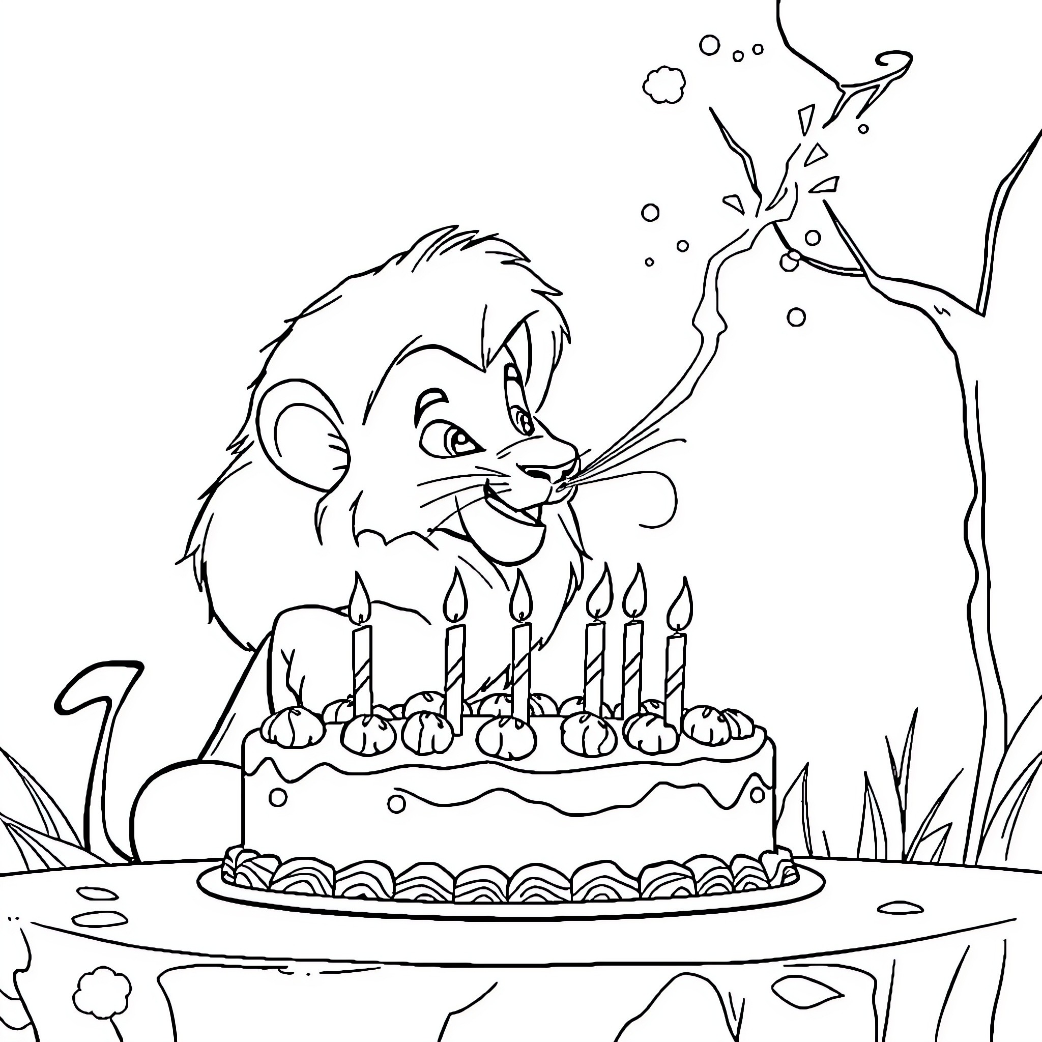 Simba's Joyous Birthday Celebration Coloring Page (free black-and-white line drawing printable PDF for all, from beginners to advanced learners, including children, teens, adults, and seniors)
