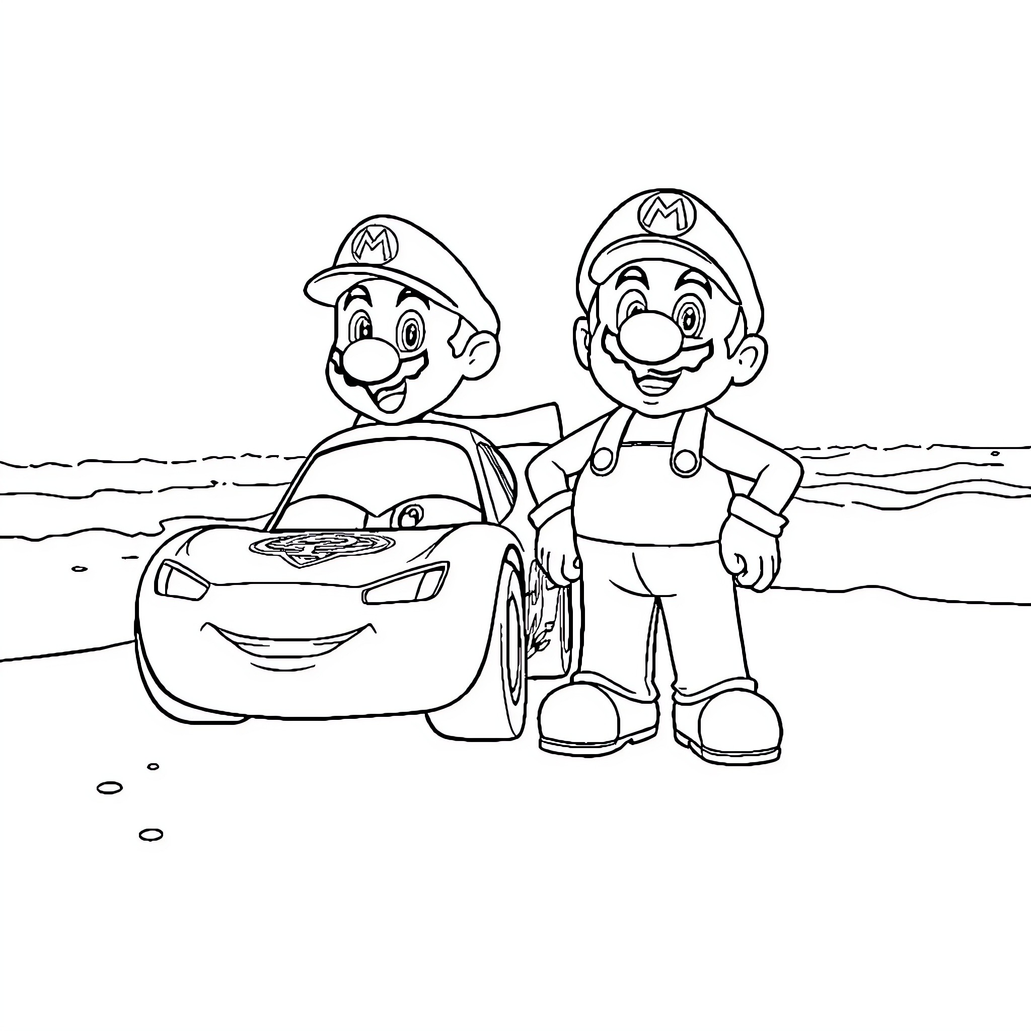 Lightning McQueen and Mario posing together Coloring Page (free black-and-white line drawing printable PDF for all, from beginners to advanced learners, including children, teens, adults, and seniors)