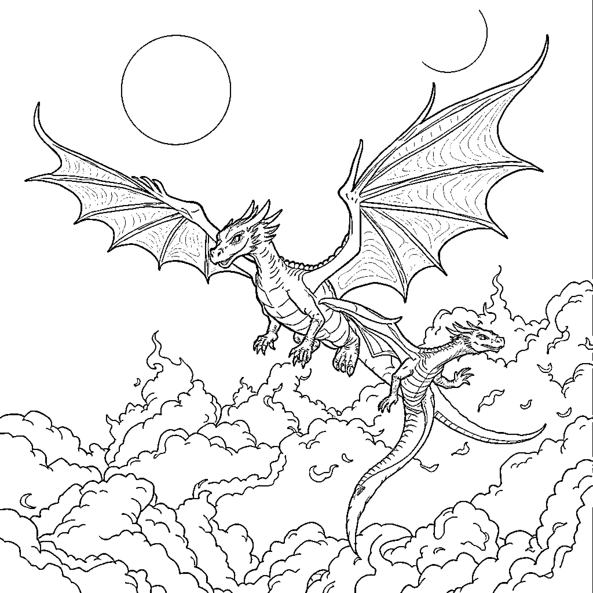 Dragon soaring through the cloudy skies Coloring Page (free black-and-white line drawing printable PDF for all, from beginners to advanced learners, including children, teens, adults, and seniors)
