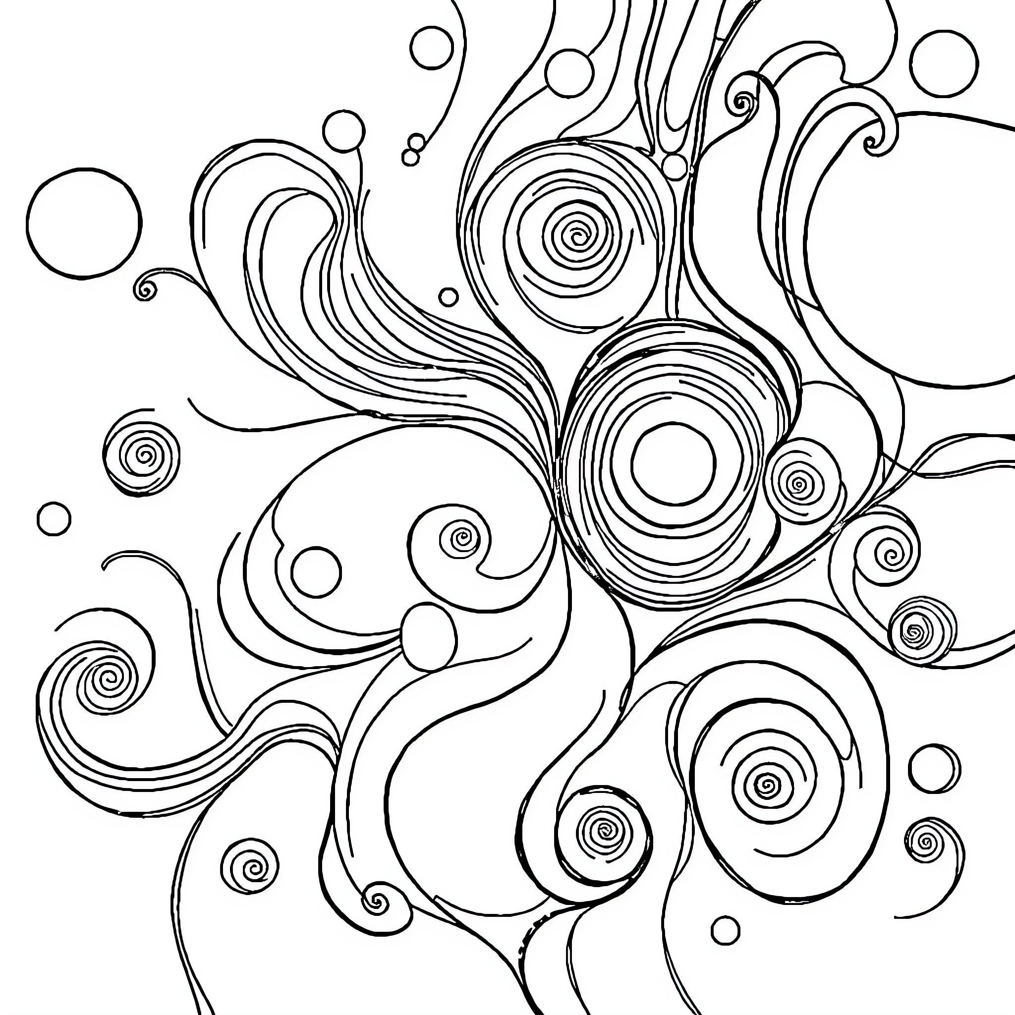 Abstract swirling shapes and patterns Coloring Page (free black-and-white line drawing printable PDF for all, from beginners to advanced learners, including children, teens, adults, and seniors)