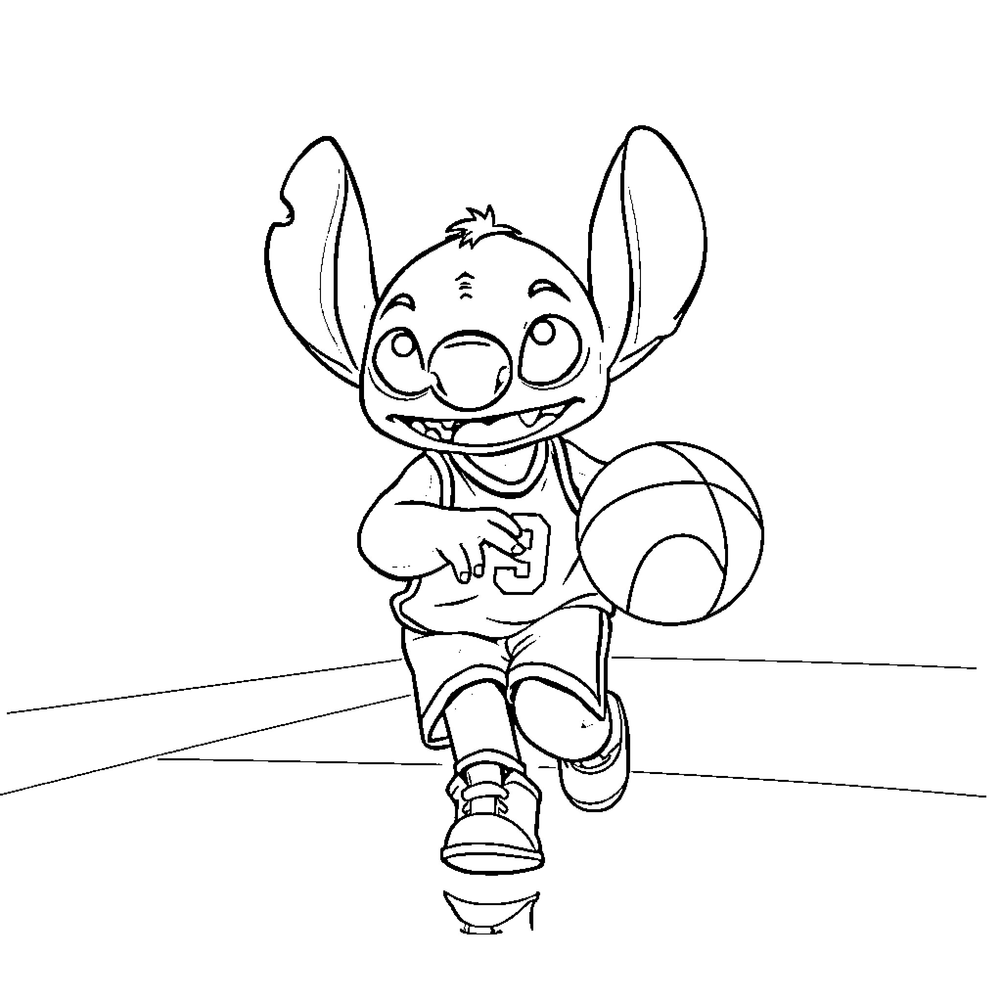 Stitch playing cheerfully with a beach ball Coloring Page (free black-and-white line drawing printable PDF for all, from beginners to advanced learners, including children, teens, adults, and seniors)
