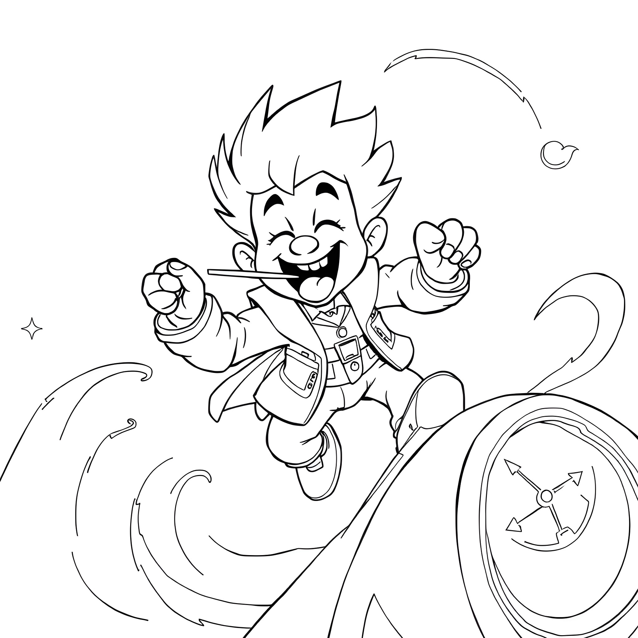 Chrono's Playful Adventure Coloring Page (free black-and-white line drawing printable PDF for all, from beginners to advanced learners, including children, teens, adults, and seniors)