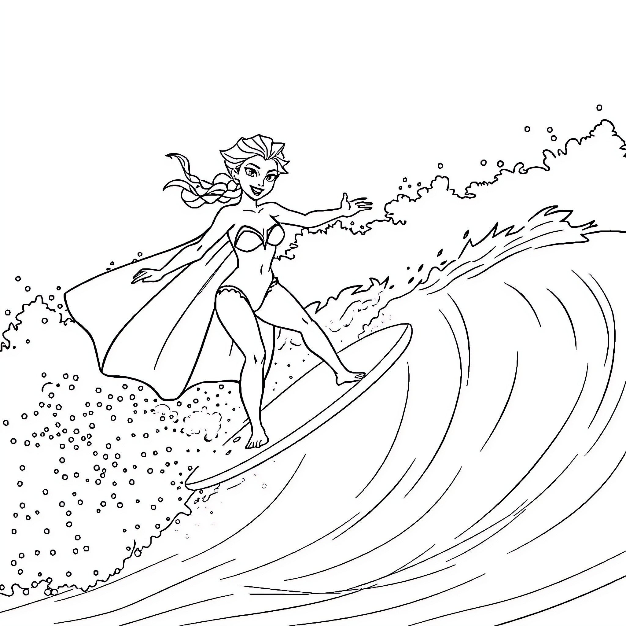 Elsa surfing the waves with grace and power Coloring Page (free black-and-white line drawing printable PDF for all, from beginners to advanced learners, including children, teens, adults, and seniors)
