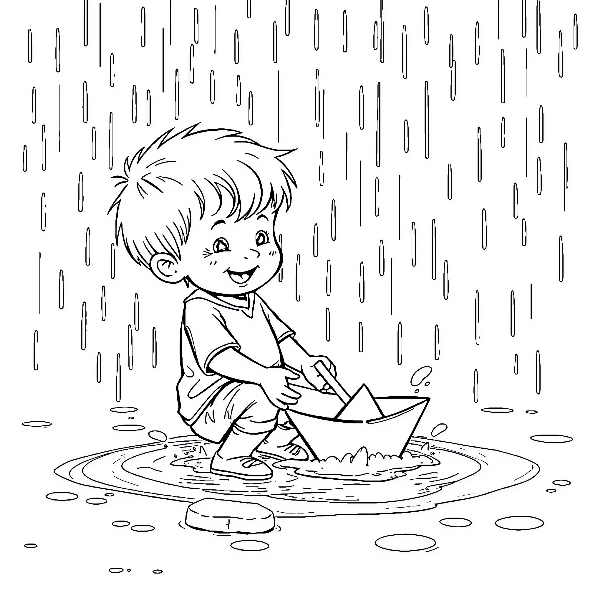 Boy playing with paper boat in the rain Coloring Page (free black-and-white line drawing printable PDF for all, from beginners to advanced learners, including children, teens, adults, and seniors)