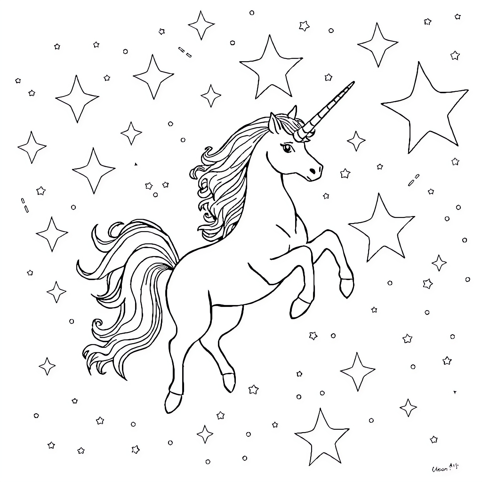 Unicorn prancing amidst twinkling stars Coloring Page (free black-and-white line drawing printable PDF for all, from beginners to advanced learners, including children, teens, adults, and seniors)