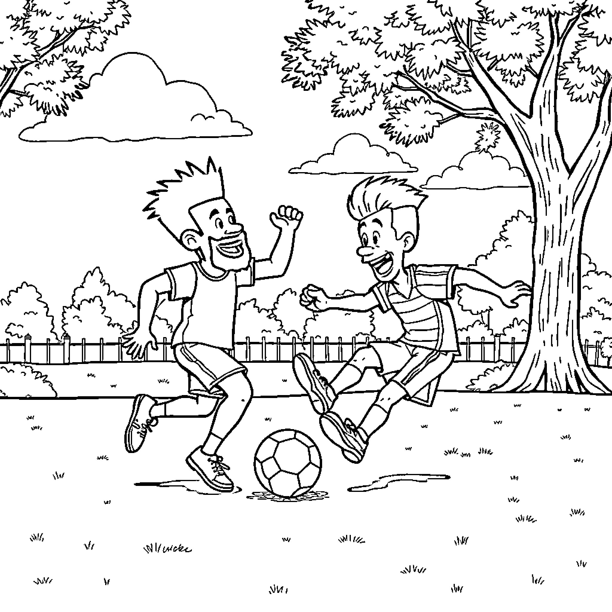 Beavis and Butt-Head playing soccer in the park Coloring Page (free black-and-white line drawing printable PDF for all, from beginners to advanced learners, including children, teens, adults, and seniors)