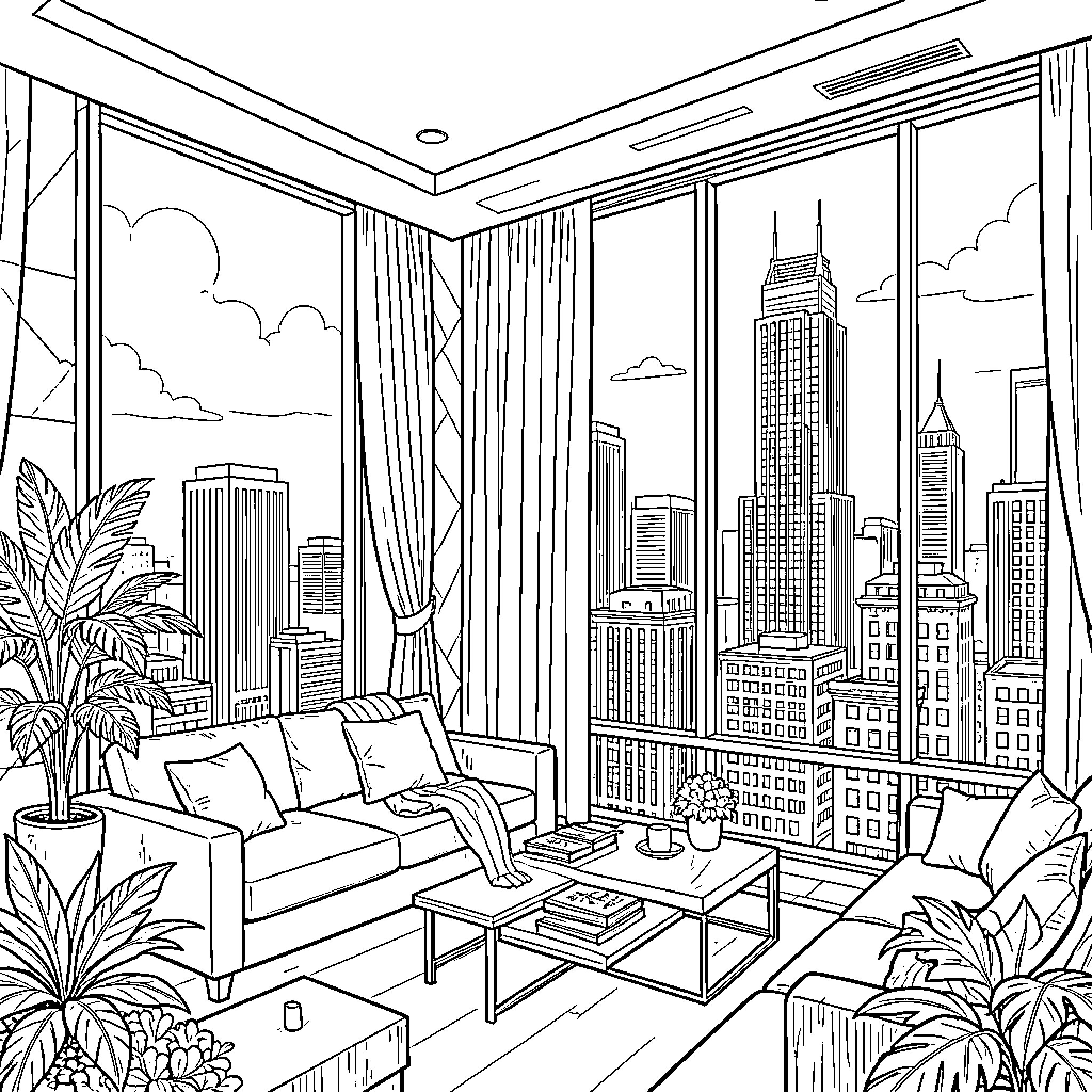Spa Retreat with Urban Skyline View Coloring Page (free black-and-white line drawing printable PDF for all, from beginners to advanced learners, including children, teens, adults, and seniors)