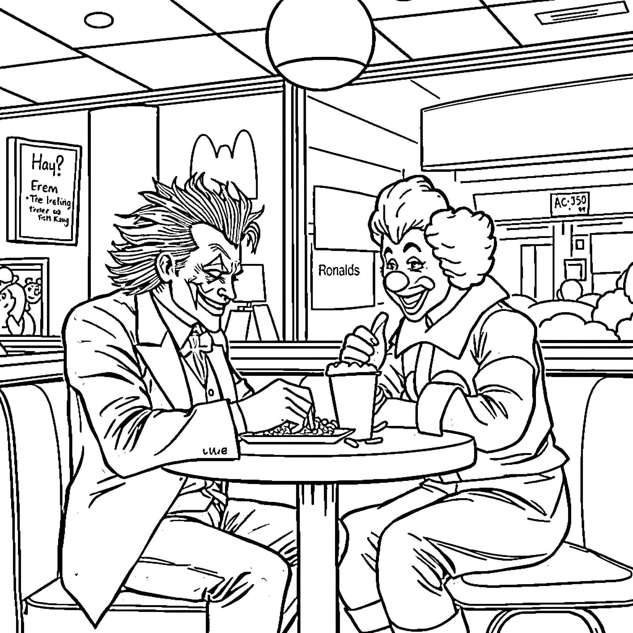 Joker characters sharing a meal at a diner Coloring Page (free black-and-white line drawing printable PDF for all, from beginners to advanced learners, including children, teens, adults, and seniors)