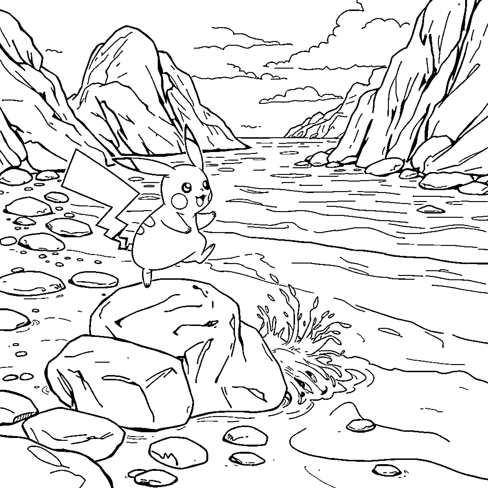 Eevee exploring a serene mountainous landscape Coloring Page (free black-and-white line drawing printable PDF for all, from beginners to advanced learners, including children, teens, adults, and seniors)