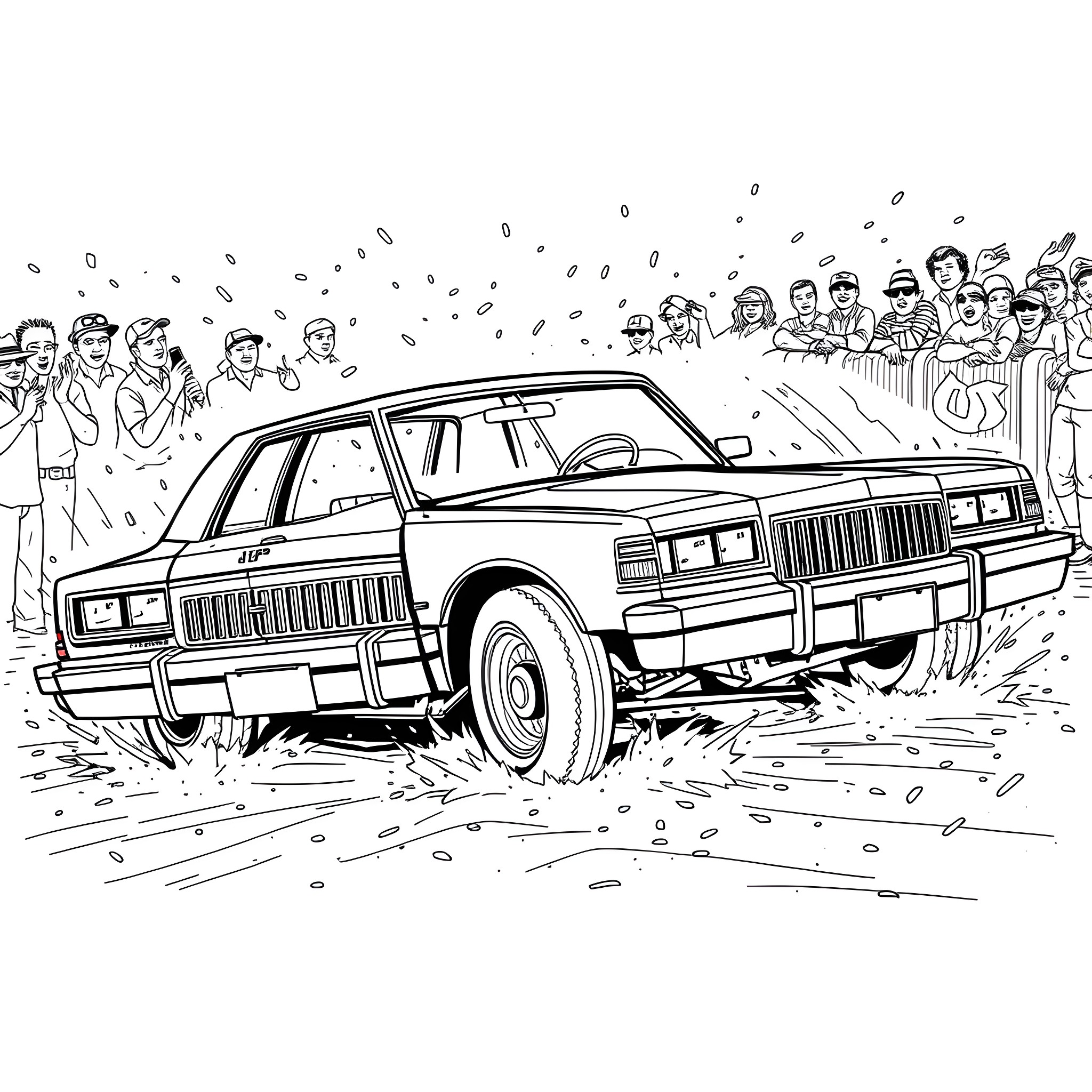 Derby Car Speeding Through Cheering Crowd Coloring Page (free black-and-white line drawing printable PDF for all, from beginners to advanced learners, including children, teens, adults, and seniors)