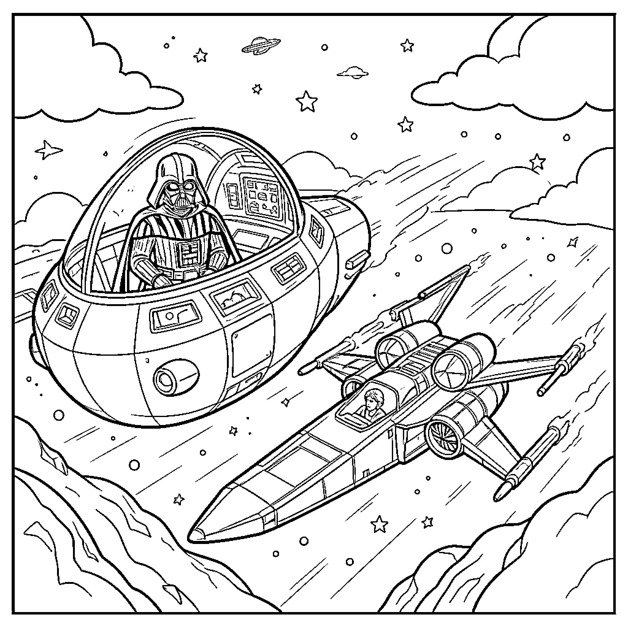 Darth Vader piloting a spacecraft through outer space Coloring Page (free black-and-white line drawing printable PDF for all, from beginners to advanced learners, including children, teens, adults, and seniors)