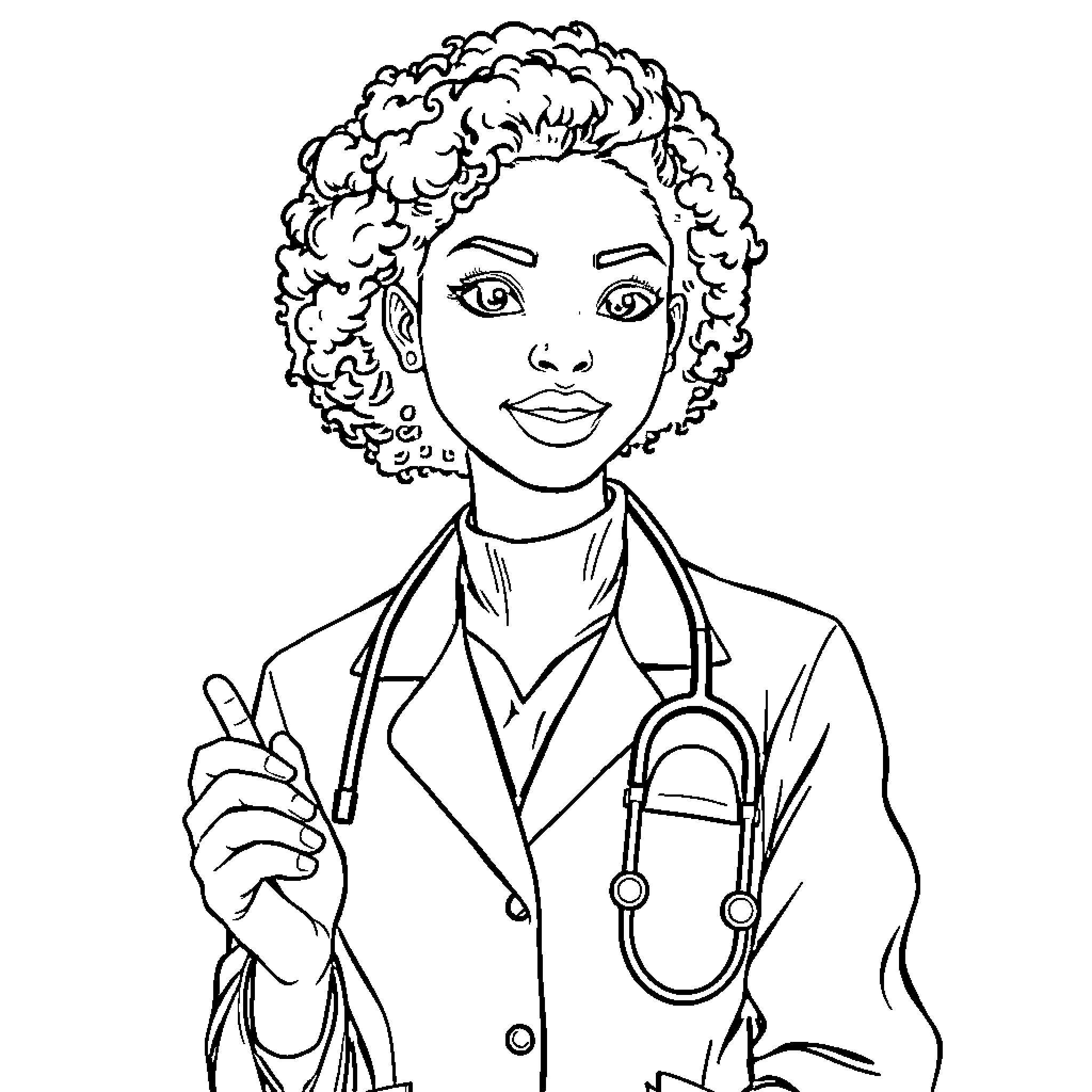 Doctor with Curly Hair and Stethoscope Coloring Page (free black-and-white line drawing printable PDF for all, from beginners to advanced learners, including children, teens, adults, and seniors)