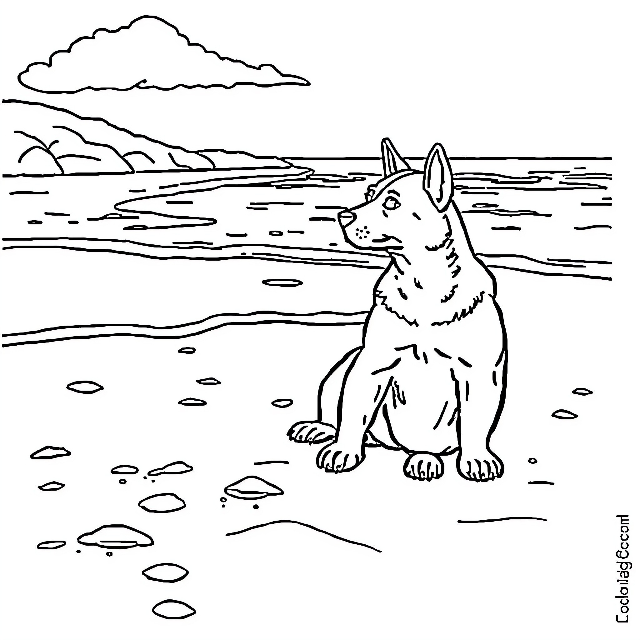 Perro sitting on the beach Coloring Page (free black-and-white line drawing printable PDF for all, from beginners to advanced learners, including children, teens, adults, and seniors)