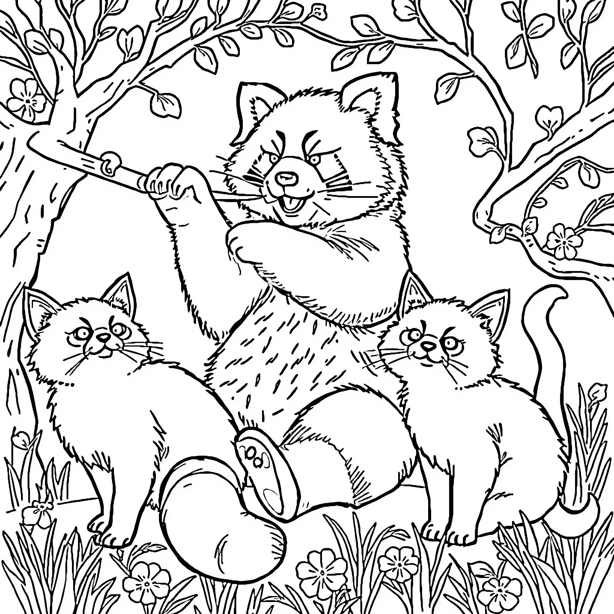 Panda Family Playfully Exploring Nature Coloring Page (free black-and-white line drawing printable PDF for all, from beginners to advanced learners, including children, teens, adults, and seniors)