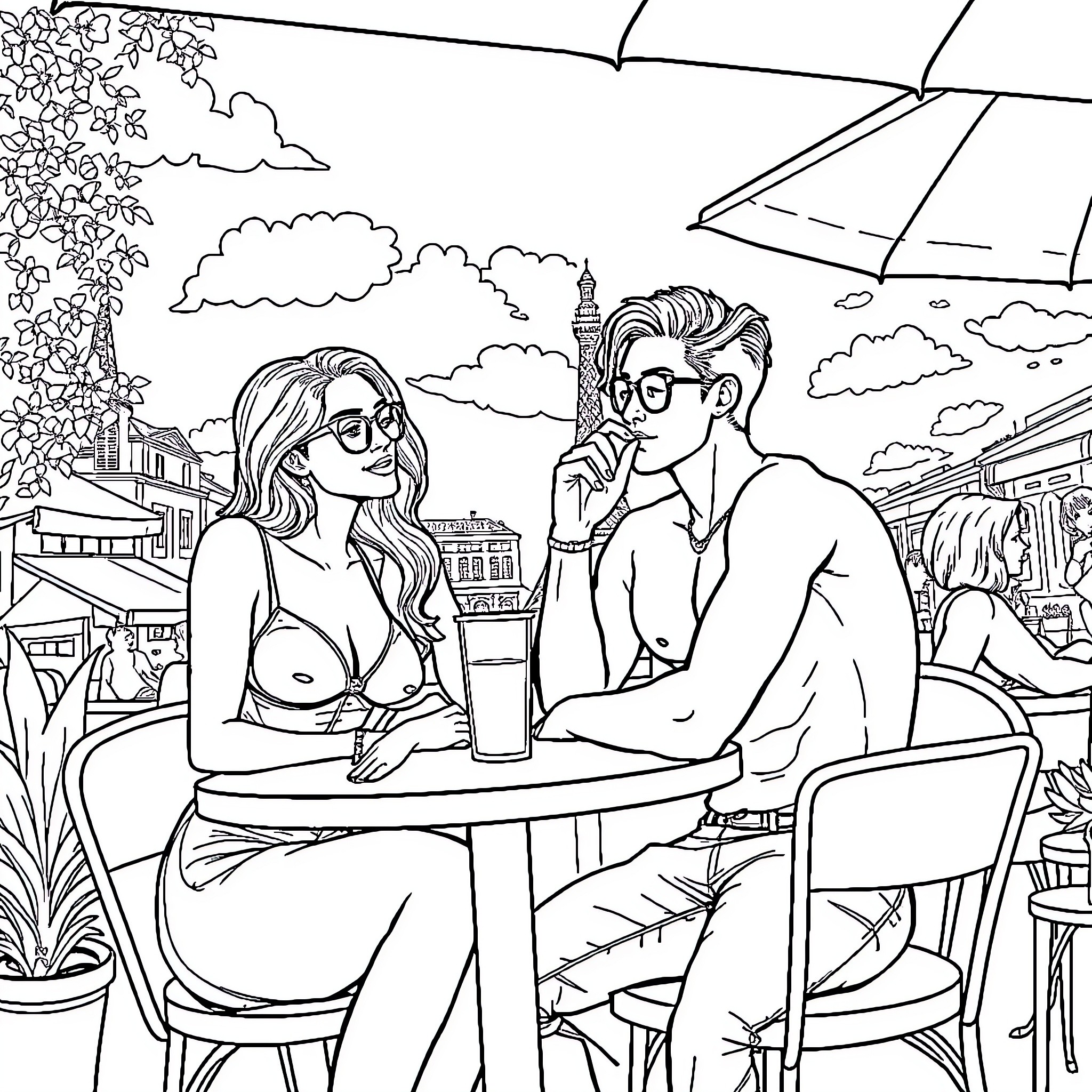 Person enjoying outdoor cafe with companion Coloring Page (free black-and-white line drawing printable PDF for all, from beginners to advanced learners, including children, teens, adults, and seniors)