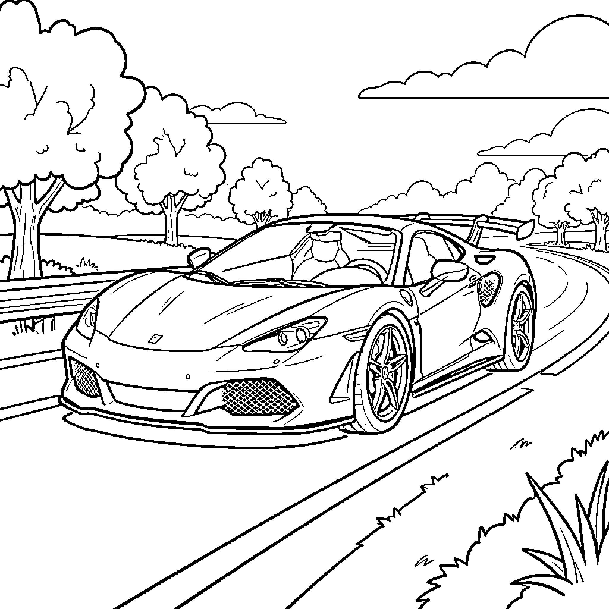 Sports Car driving along a scenic roadside path Coloring Page (free black-and-white line drawing printable PDF for all, from beginners to advanced learners, including children, teens, adults, and seniors)