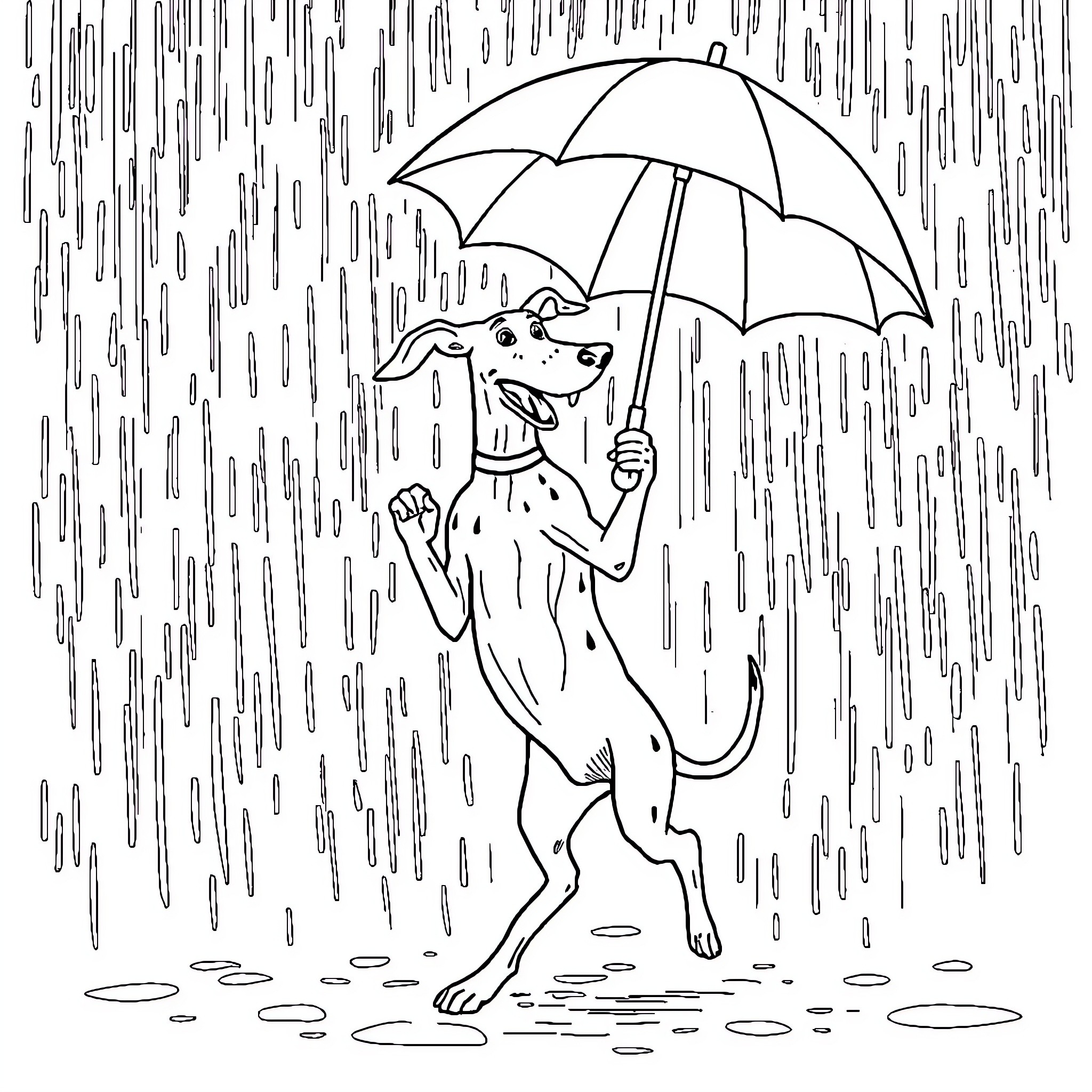 Greyhound playing in the rain with umbrella Coloring Page (free black-and-white line drawing printable PDF for all, from beginners to advanced learners, including children, teens, adults, and seniors)