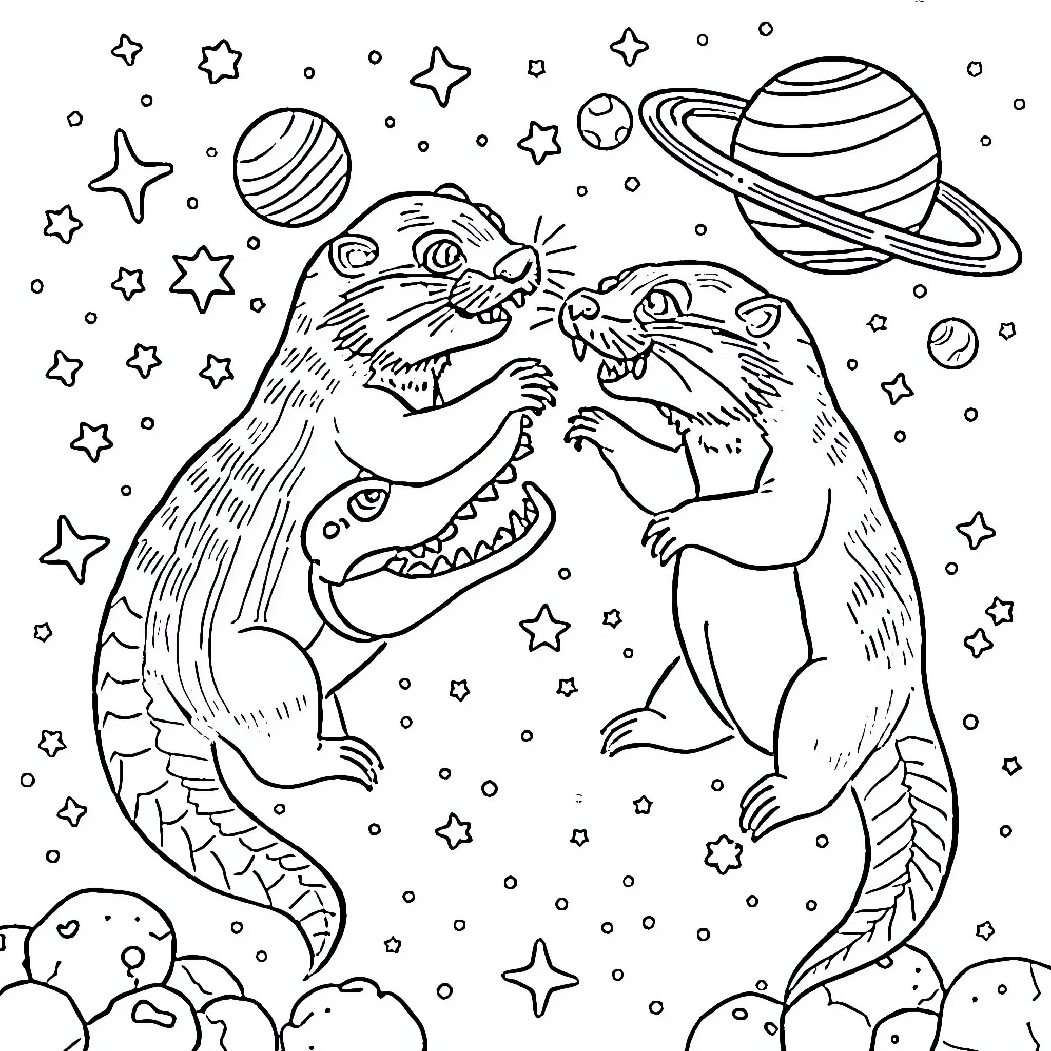 Otter playing in the starry cosmos Coloring Page (free black-and-white line drawing printable PDF for all, from beginners to advanced learners, including children, teens, adults, and seniors)