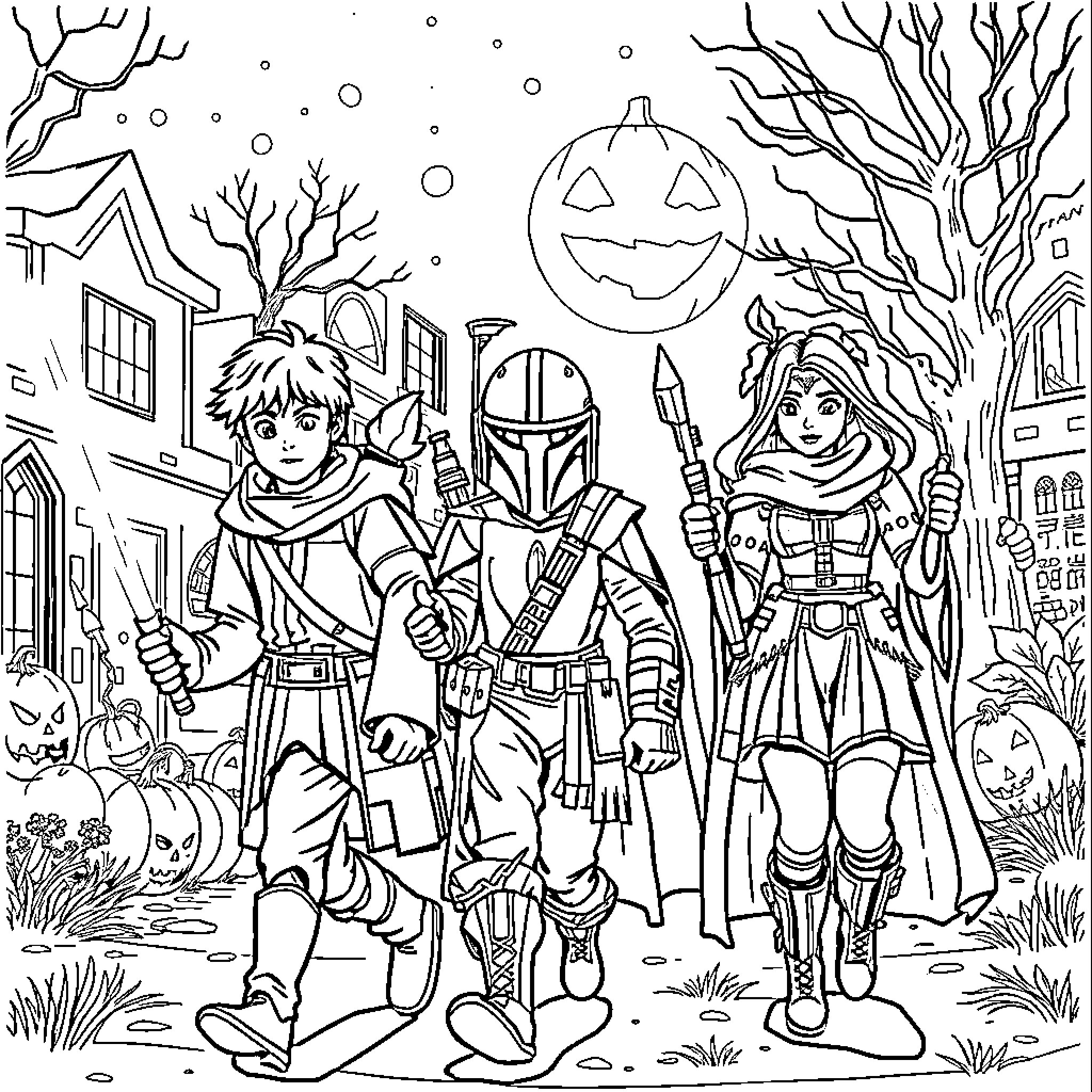 Star Wars characters in Halloween costumes Coloring Page (free black-and-white line drawing printable PDF for all, from beginners to advanced learners, including children, teens, adults, and seniors)