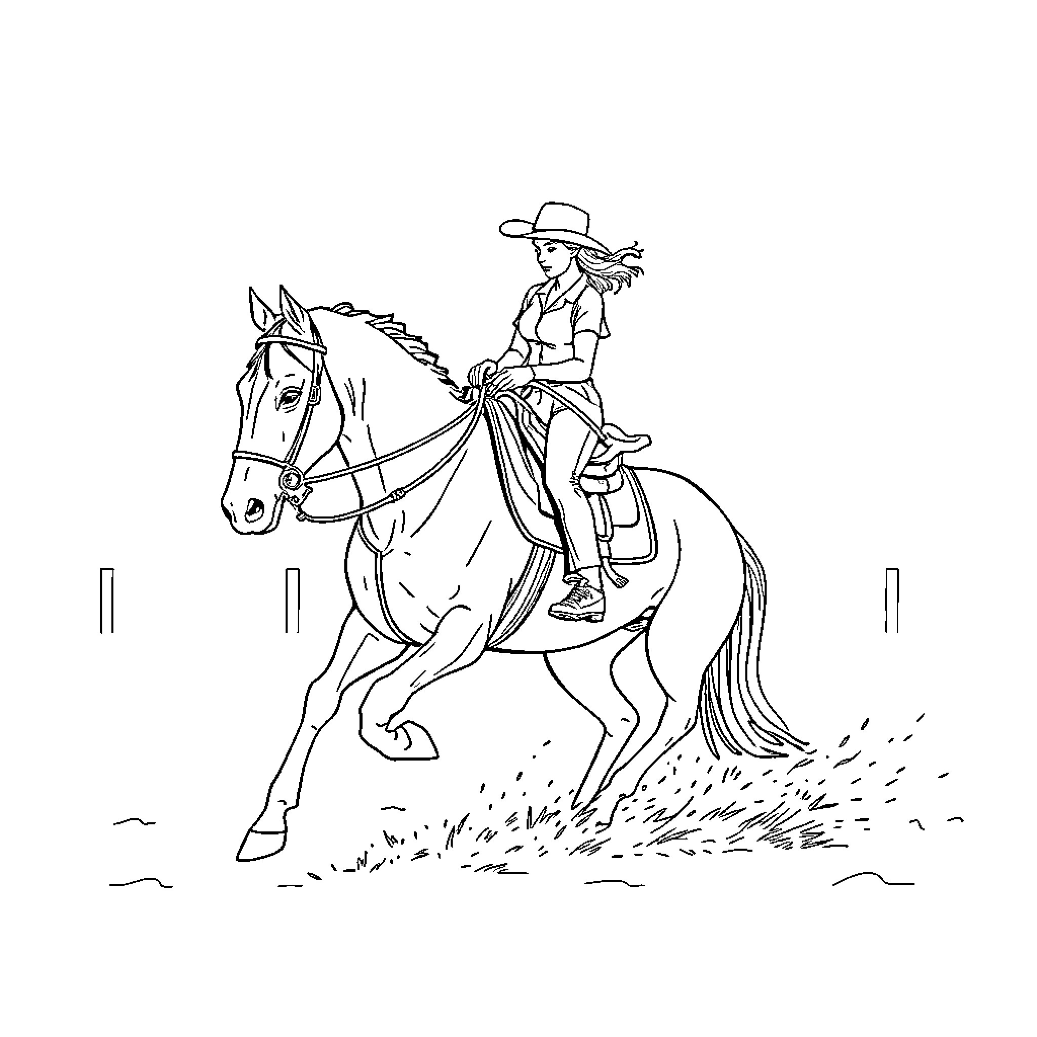 Woman riding horse on countryside trail Coloring Page (free black-and-white line drawing printable PDF for all, from beginners to advanced learners, including children, teens, adults, and seniors)