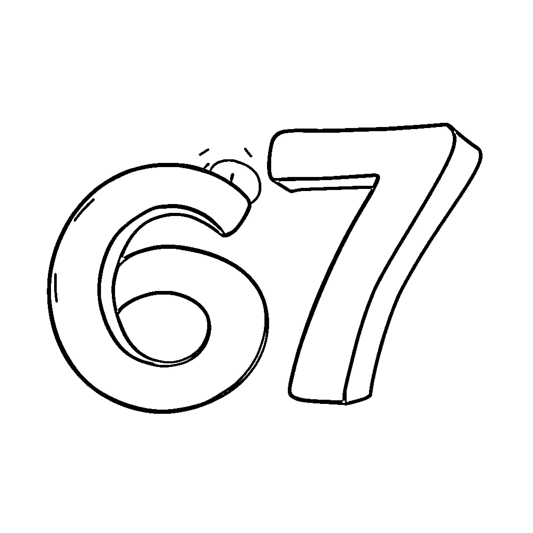 Chiffre 67 Outlined in Black and White Coloring Page (free black-and-white line drawing printable PDF for all, from beginners to advanced learners, including children, teens, adults, and seniors)
