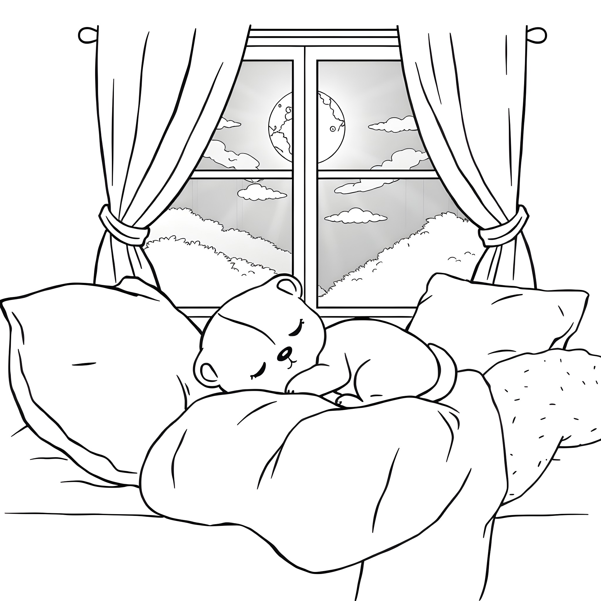 Labubu sleeping peacefully in the night Coloring Page (free black-and-white line drawing printable PDF for all, from beginners to advanced learners, including children, teens, adults, and seniors)