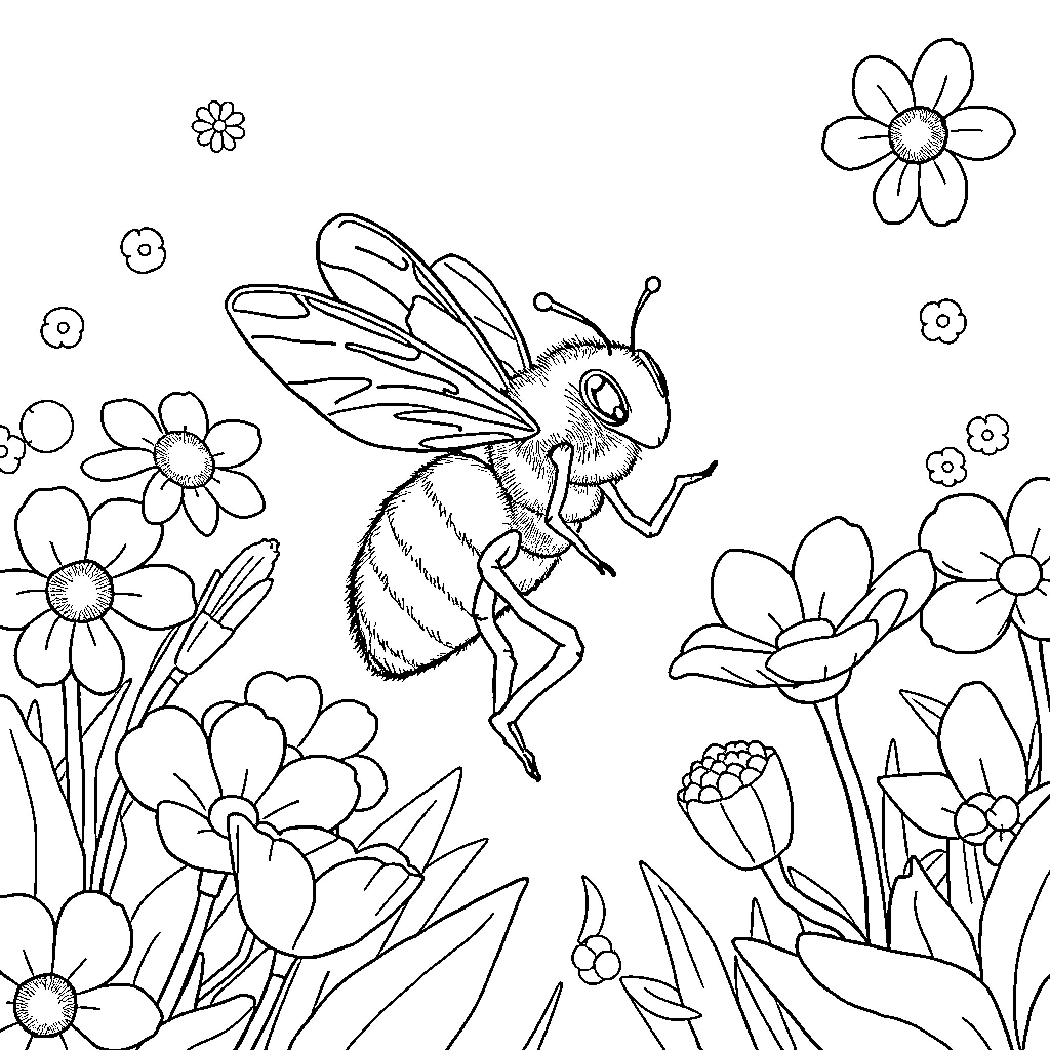 Bee exploring vibrant garden flowers Coloring Page (free black-and-white line drawing printable PDF for all, from beginners to advanced learners, including children, teens, adults, and seniors)