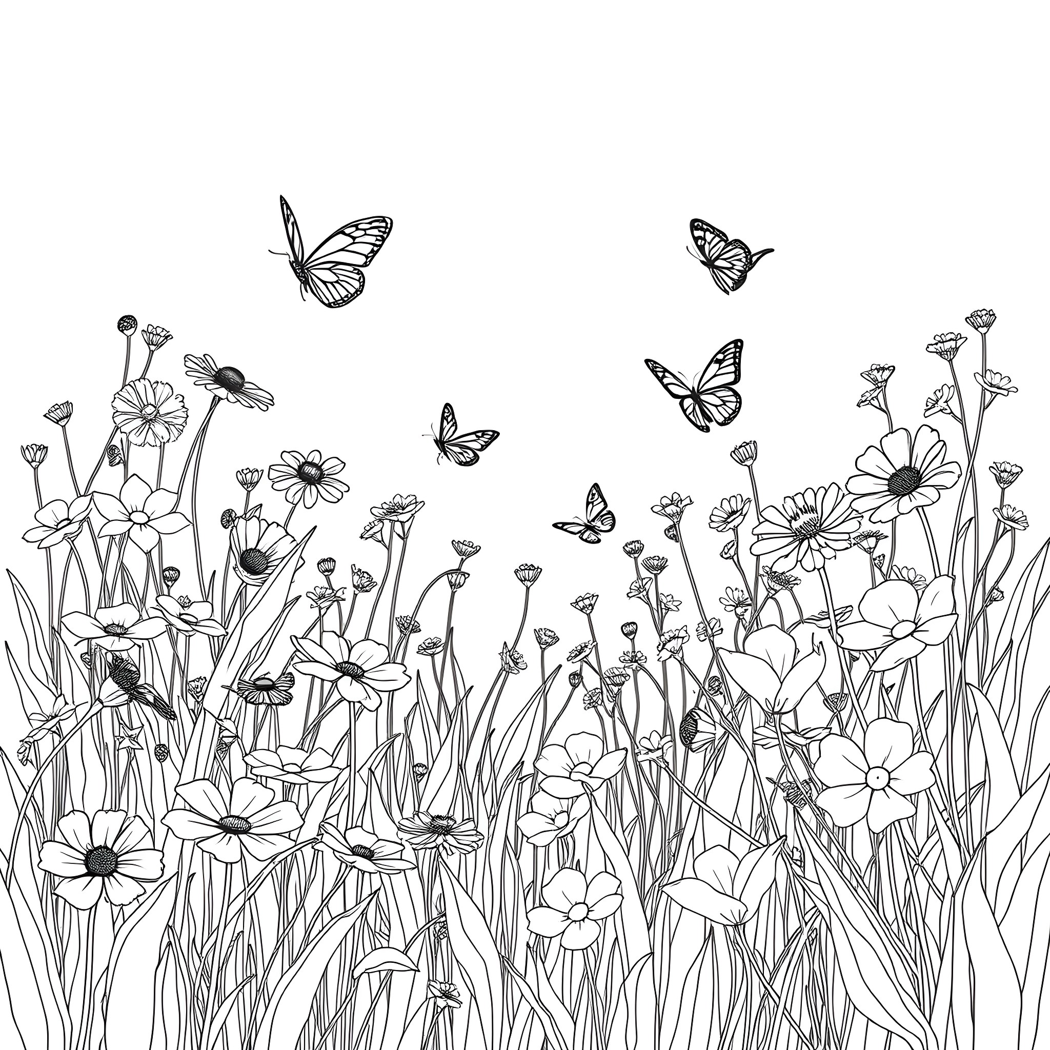Flower Garden with Butterflies Coloring Page (free black-and-white line drawing printable PDF for all, from beginners to advanced learners, including children, teens, adults, and seniors)