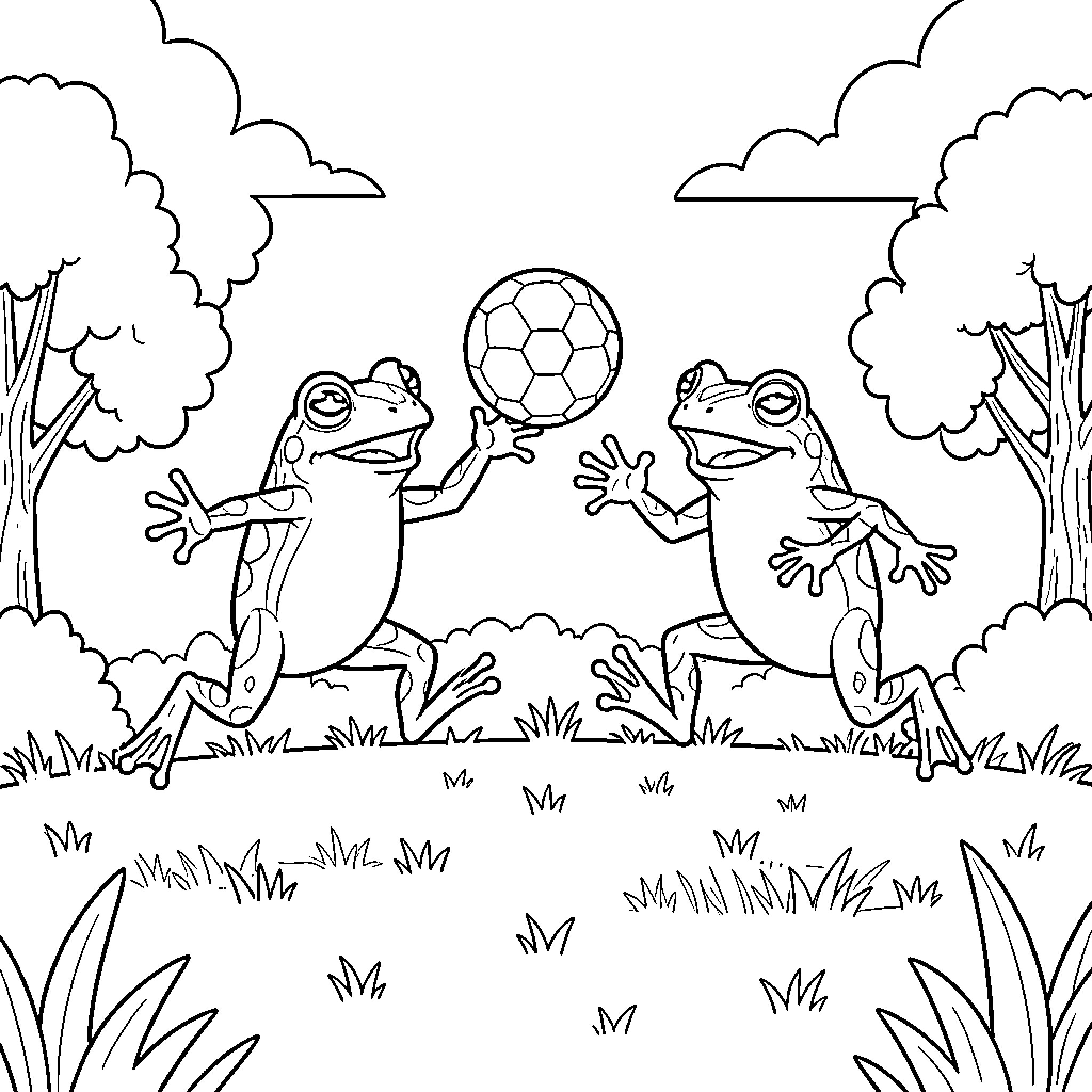 Grenouille playing soccer together in a grassy field Coloring Page (free black-and-white line drawing printable PDF for all, from beginners to advanced learners, including children, teens, adults, and seniors)
