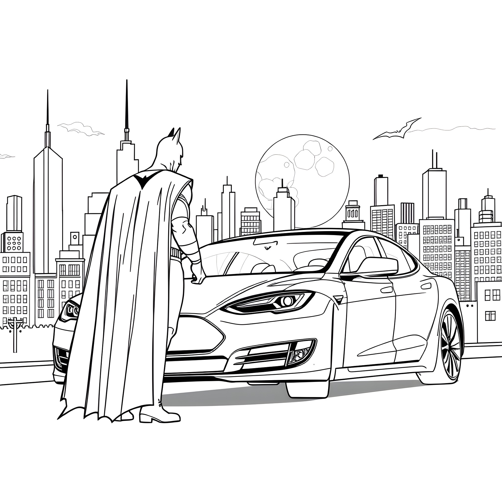 Batman standing tall with his futuristic car in the city Coloring Page (free black-and-white line drawing printable PDF for all, from beginners to advanced learners, including children, teens, adults, and seniors)