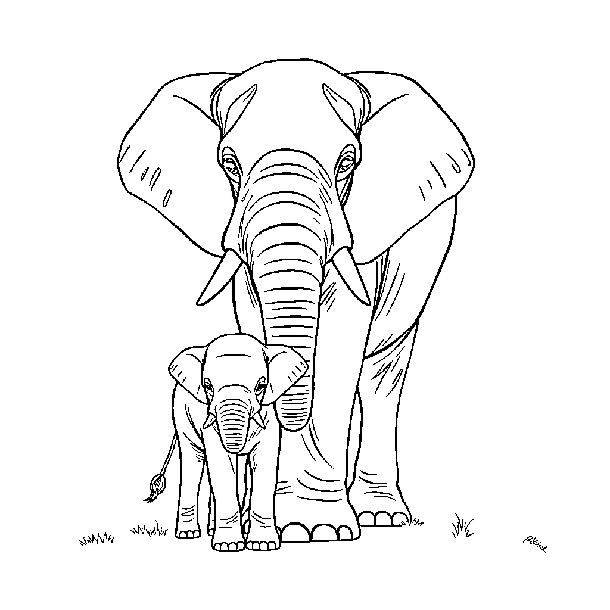 Elephant mother and calf standing together Coloring Page (free black-and-white line drawing printable PDF for all, from beginners to advanced learners, including children, teens, adults, and seniors)