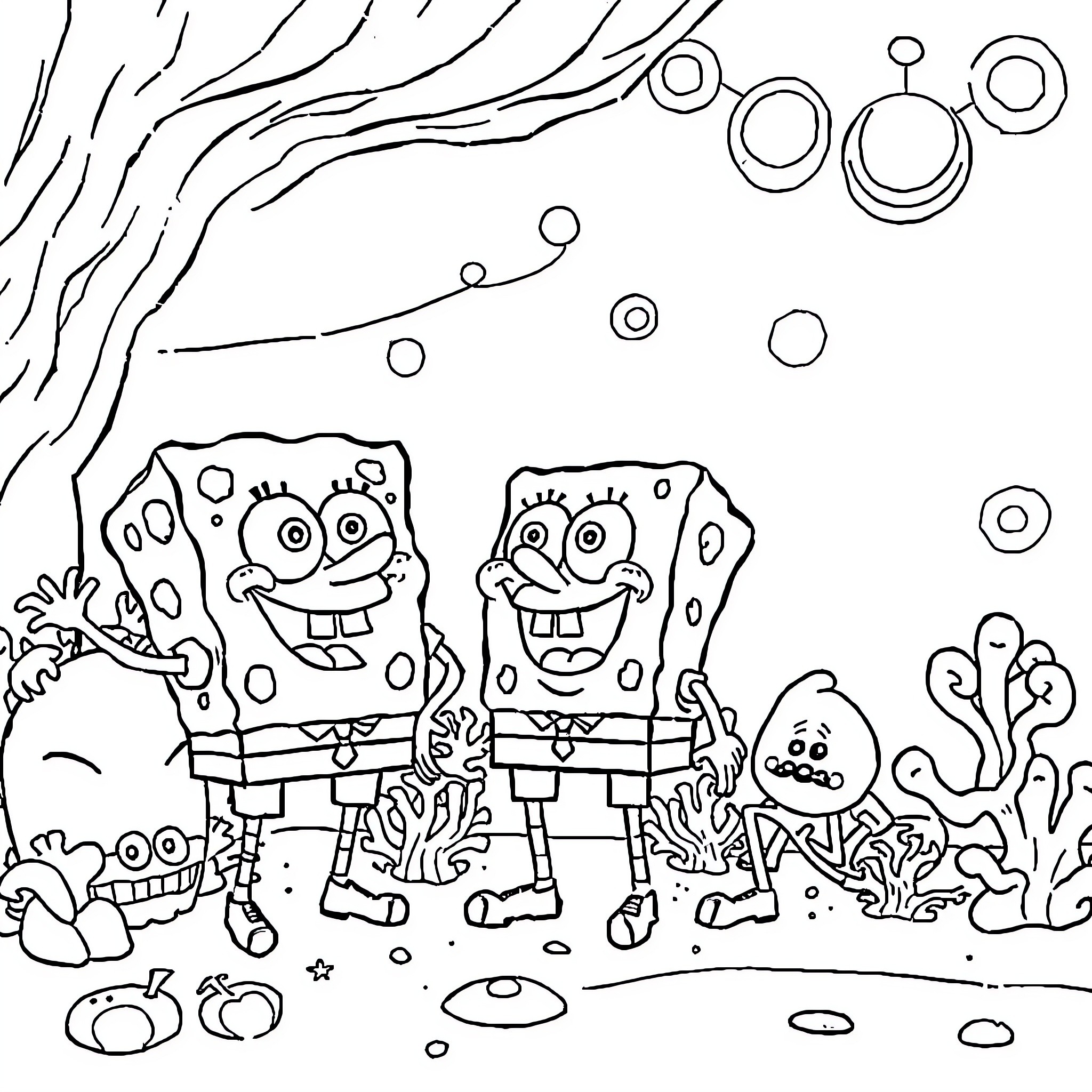Spongebob and friends explore the underwater world Coloring Page (free black-and-white line drawing printable PDF for all, from beginners to advanced learners, including children, teens, adults, and seniors)