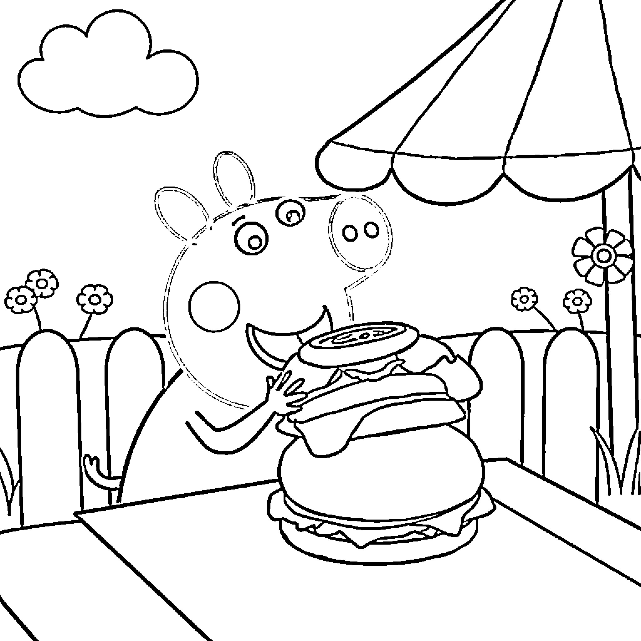 Peppa Pig enjoying a burger at the carnival Coloring Page (free black-and-white line drawing printable PDF for all, from beginners to advanced learners, including children, teens, adults, and seniors)