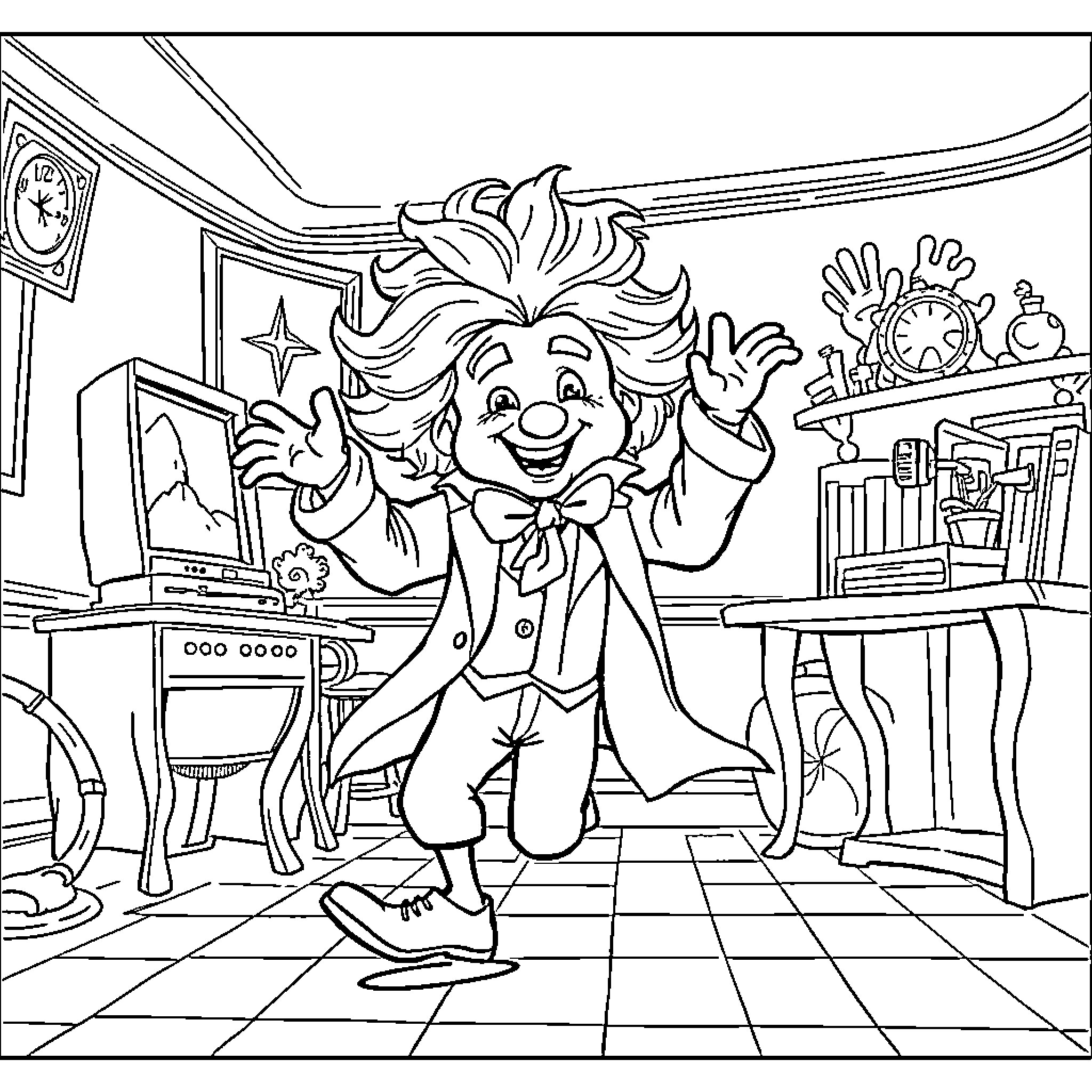 Beethoven's Playful Studio Coloring Page (free black-and-white line drawing printable PDF for all, from beginners to advanced learners, including children, teens, adults, and seniors)