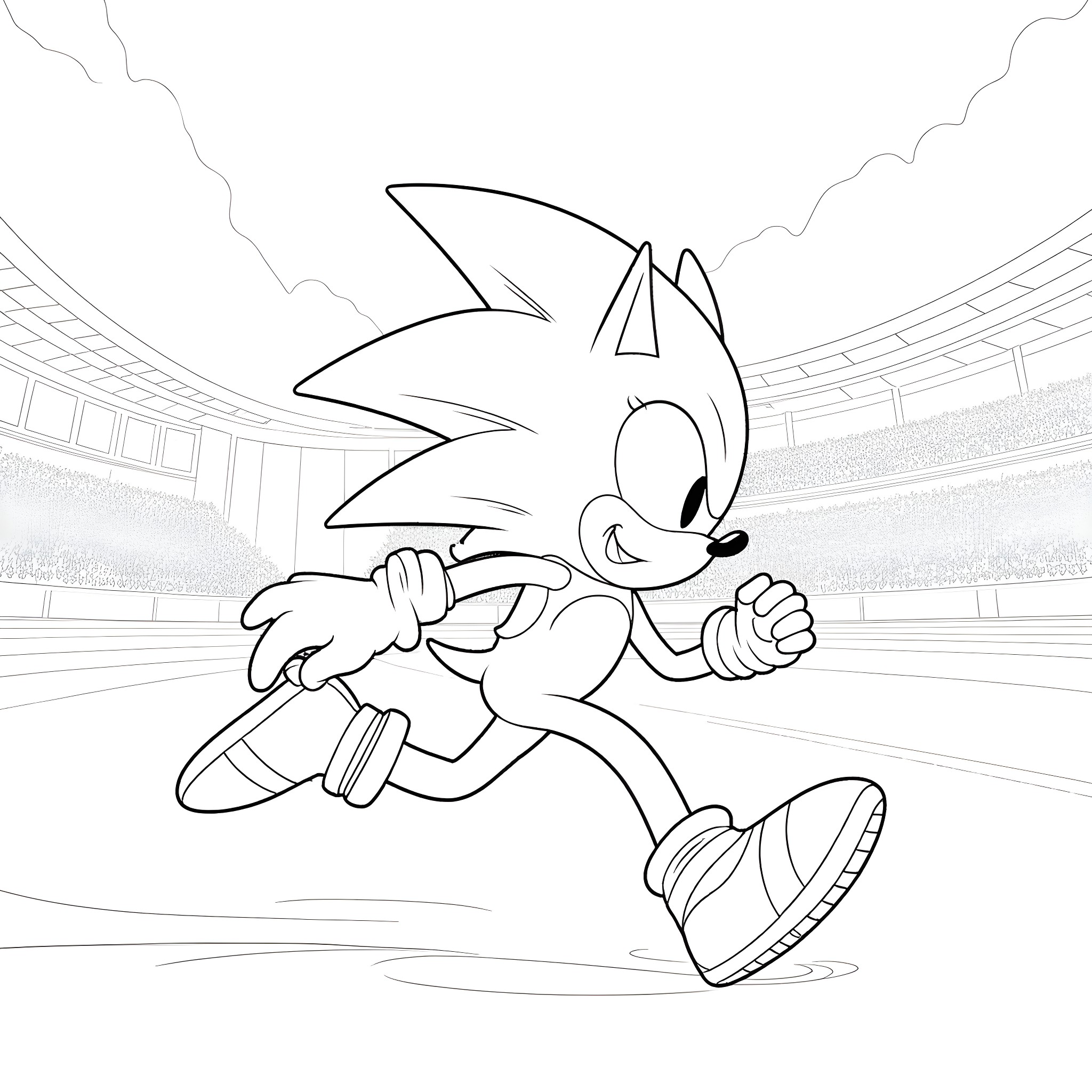 Sonic the Hedgehog running in an action-packed stadium Coloring Page (free black-and-white line drawing printable PDF for all, from beginners to advanced learners, including children, teens, adults, and seniors)